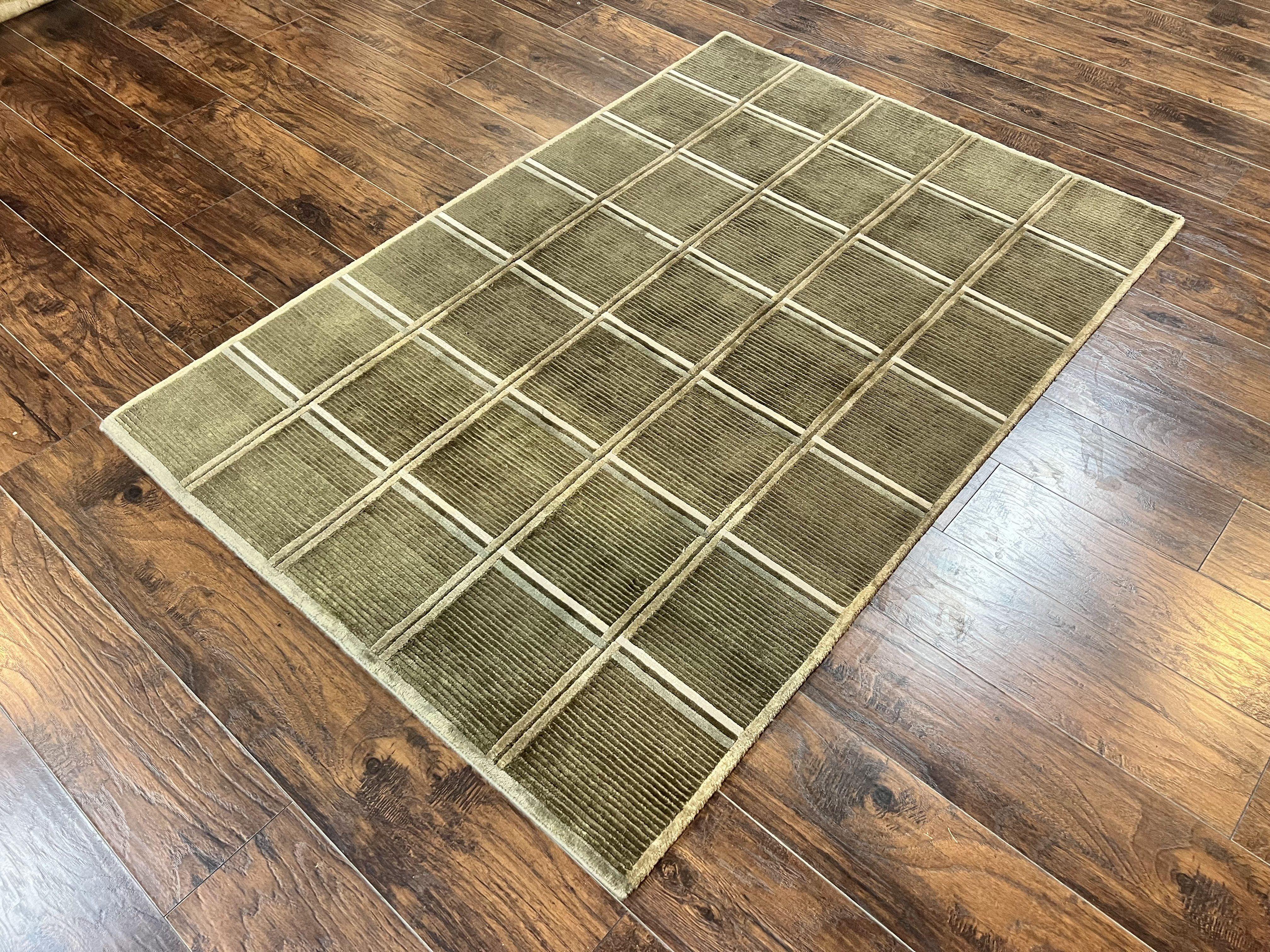 Tibetan Rug 4x6, Green Wool Handmade Area Rug 4 x 6, Panel Design, Modern Contemporary
