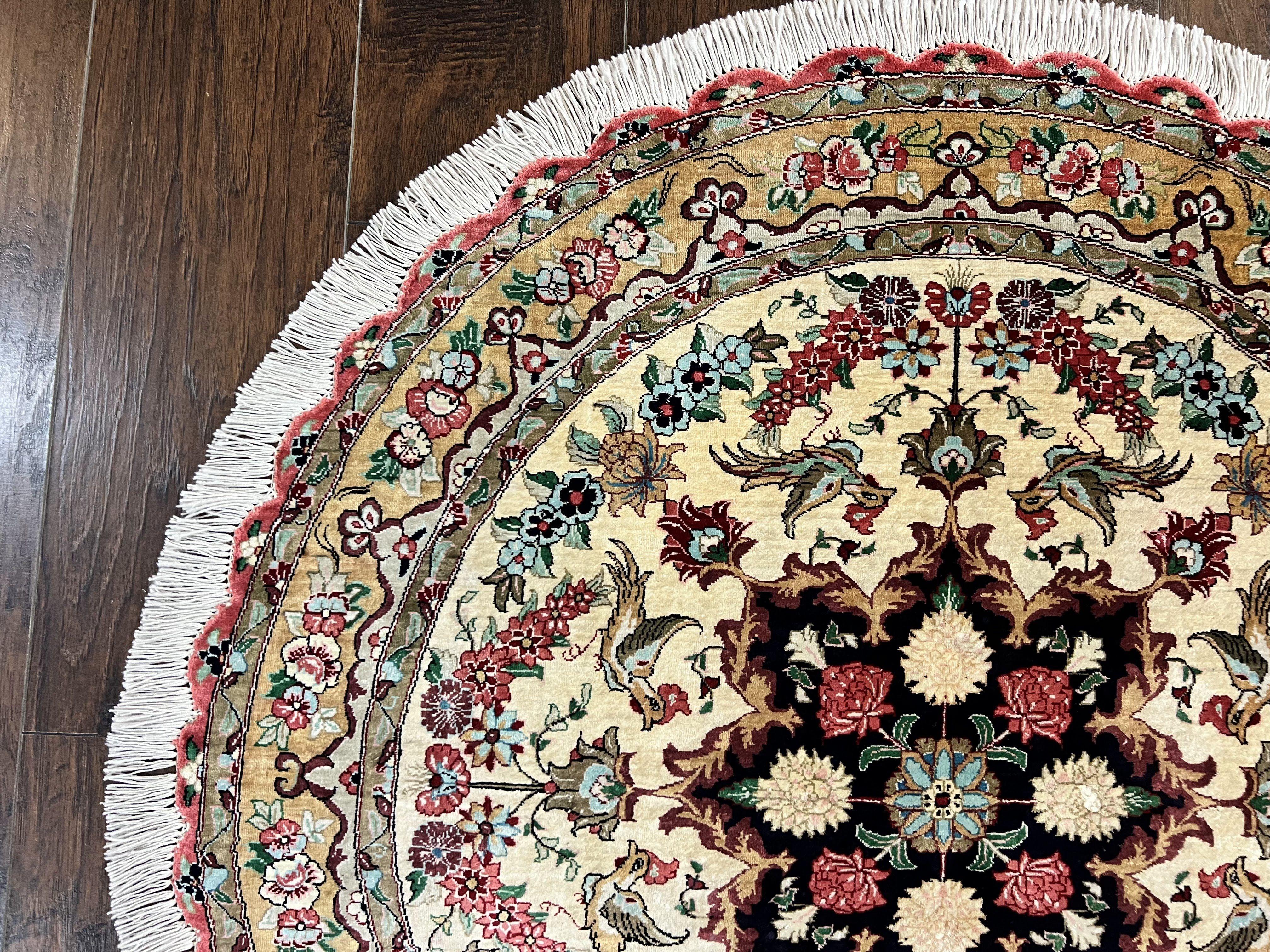 Silk Persian Tabriz Round Rug 3x3 ft, Very Fine Hand Knotted Carpet 380 KPSI, Cream & Gold, Bird Pictorials, Floral, Rare