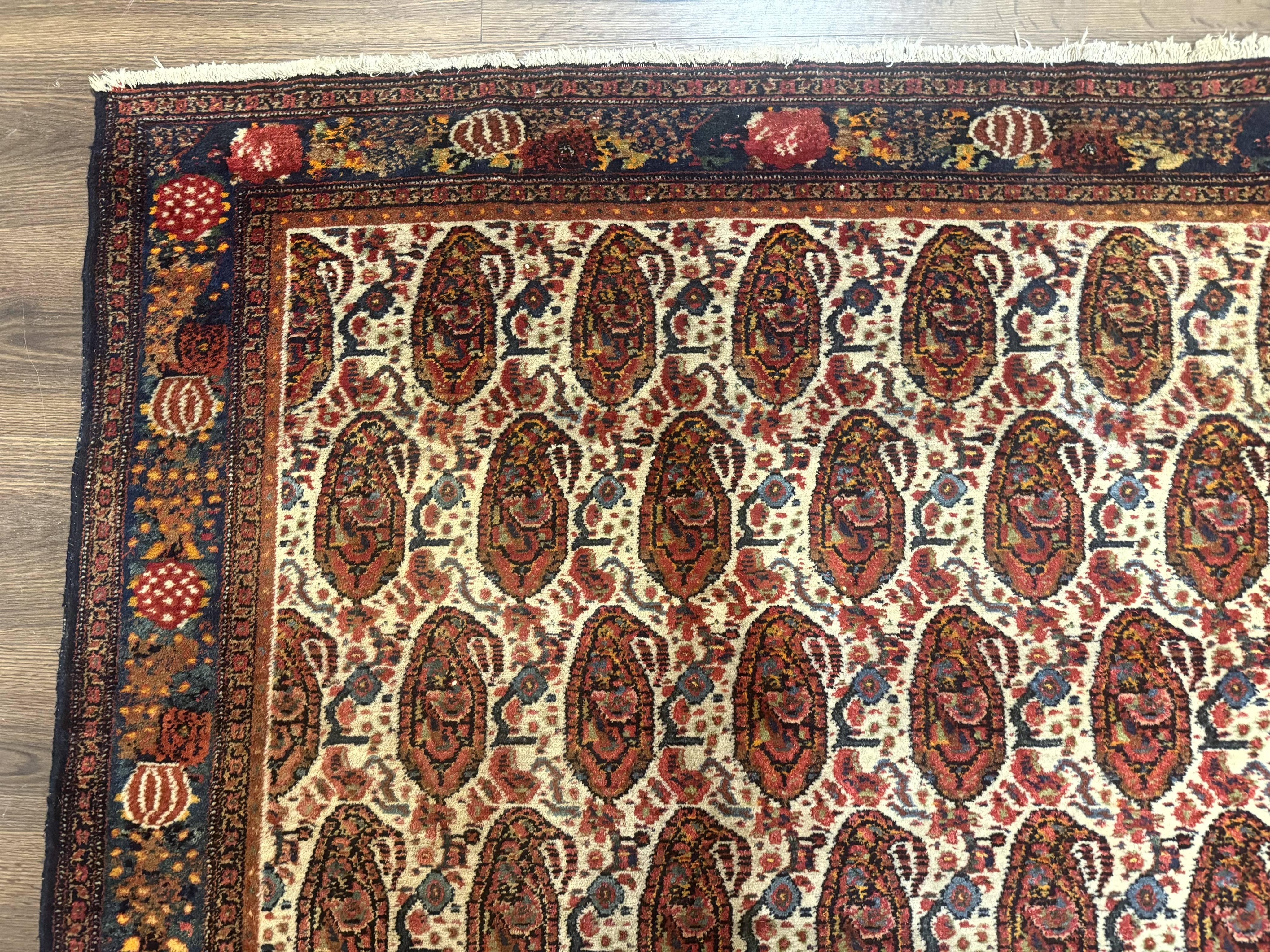 Antique Persian Kurdish Senneh Rug 4.6 x 6.5, Repeated Paisely Boteh Design, Handmade