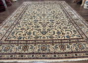 Persian Kashan Rug 10x14, Bone - Beige and Blue, Allover Pattern, Traditional Persian Carpet, Fine 260 KPSI