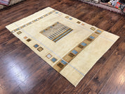 Tibetan Rug 5x8, Contemporary Rug 5 x 8 ft, Cream Brown Blue Hand-Knotted Wool w/ Silk Highlights Tibetan Carpet, Modern Rug