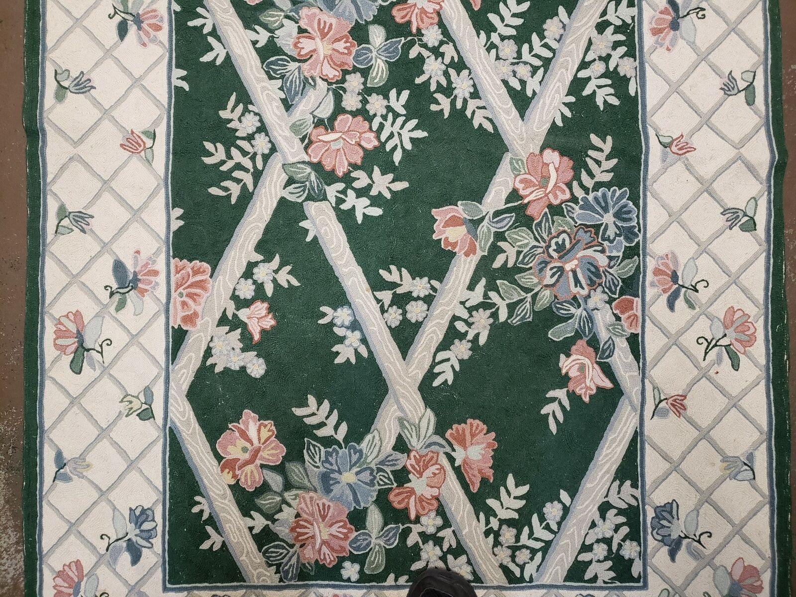 3' 6" X 5' 6" Hand Stitched Indian Wool Rug with Backing Green Beige