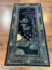 Antique Chinese Peking Rug 3x5, Dark Blue Chinese Wool Rug 3 x 5, Animal Pictorials Deer Birds, Handmade Asian Oriental Chinese Carpet