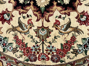 Silk Persian Tabriz Round Rug 3x3 ft, Very Fine Hand Knotted Carpet 380 KPSI, Cream & Gold, Bird Pictorials, Floral, Rare