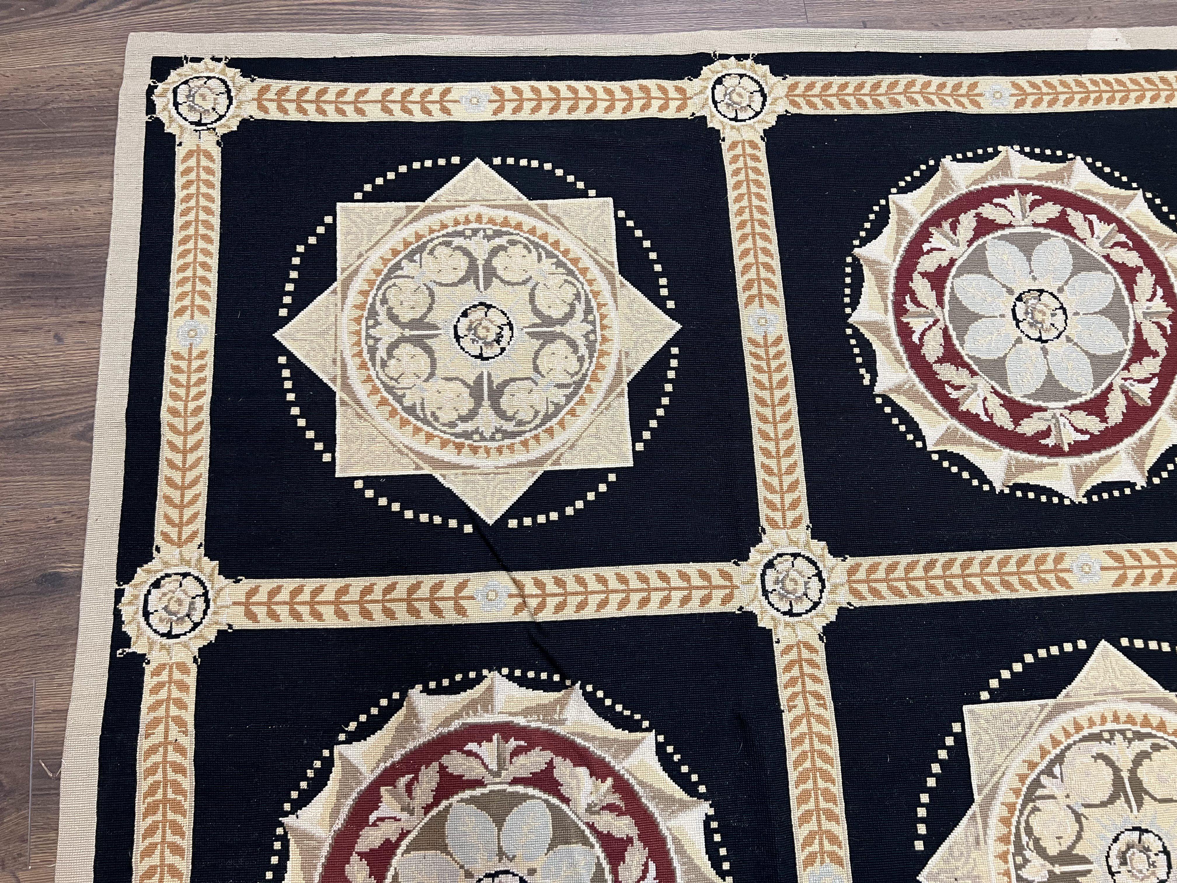 Large Needlepoint Rug 10x13, Panel Design, Black and Beige, Wool Needlepoint Carpet 10 x 13, English Garden, Handwoven Area Rug, Living Room