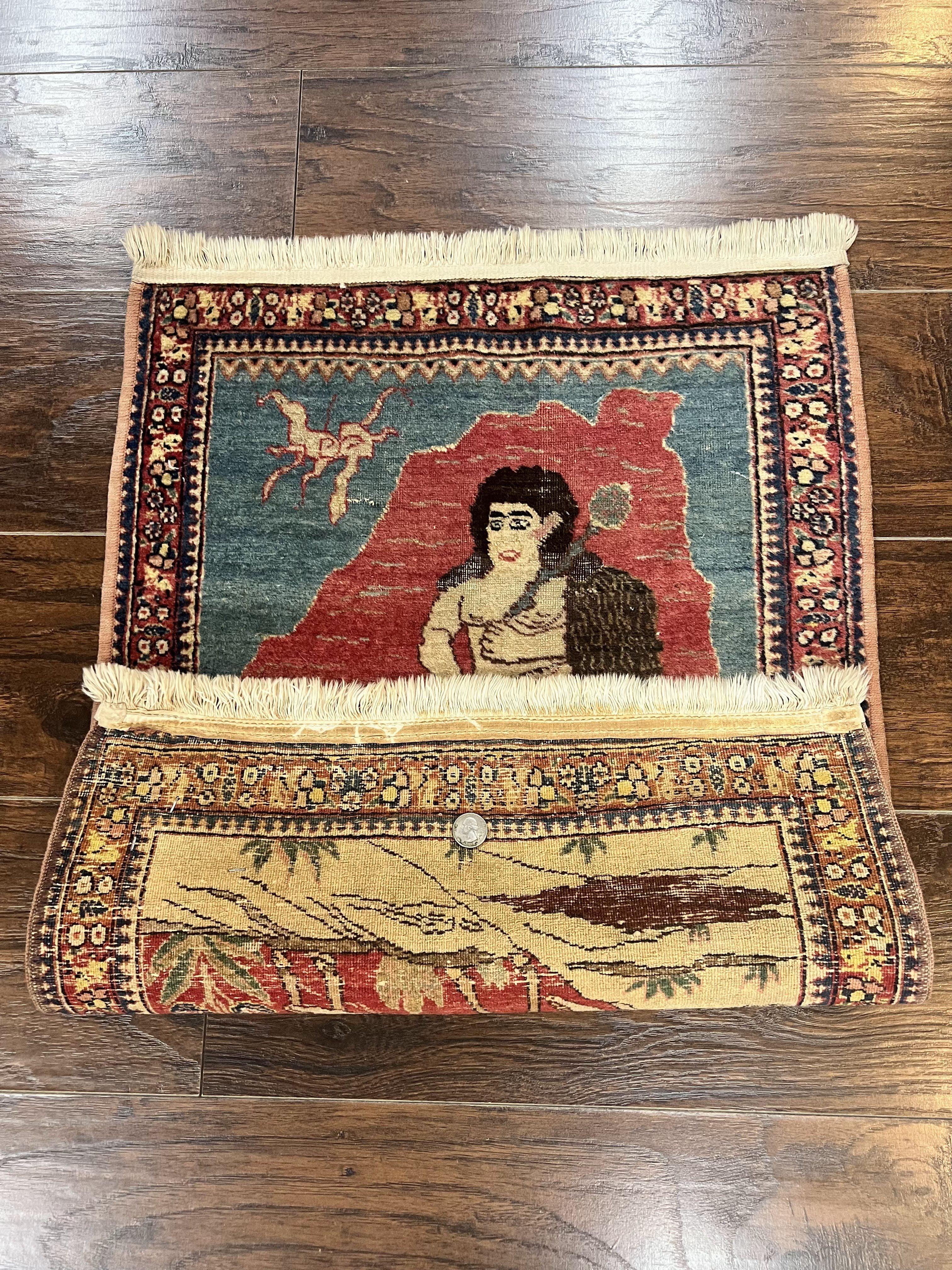 Antique Persian Kirman Rug 2 x 2.5, Small Hand Knotted Wool Carpet, Lavar Rug, Shepherd with Ram Pictorial Rug #1