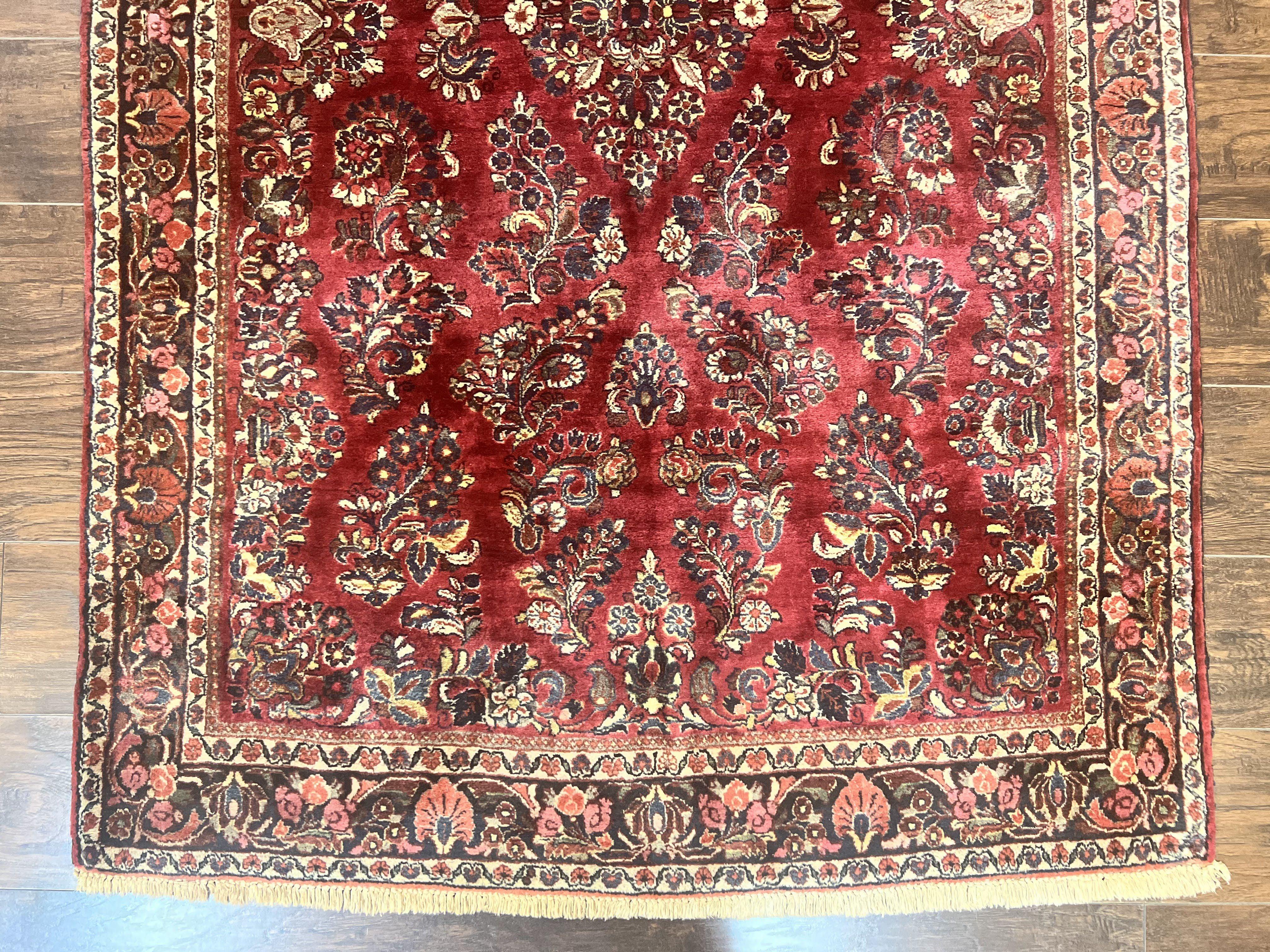 Antique Persian Sarouk Rug 4x7, Hand Knotted Wool Red Persian Carpet, Floral