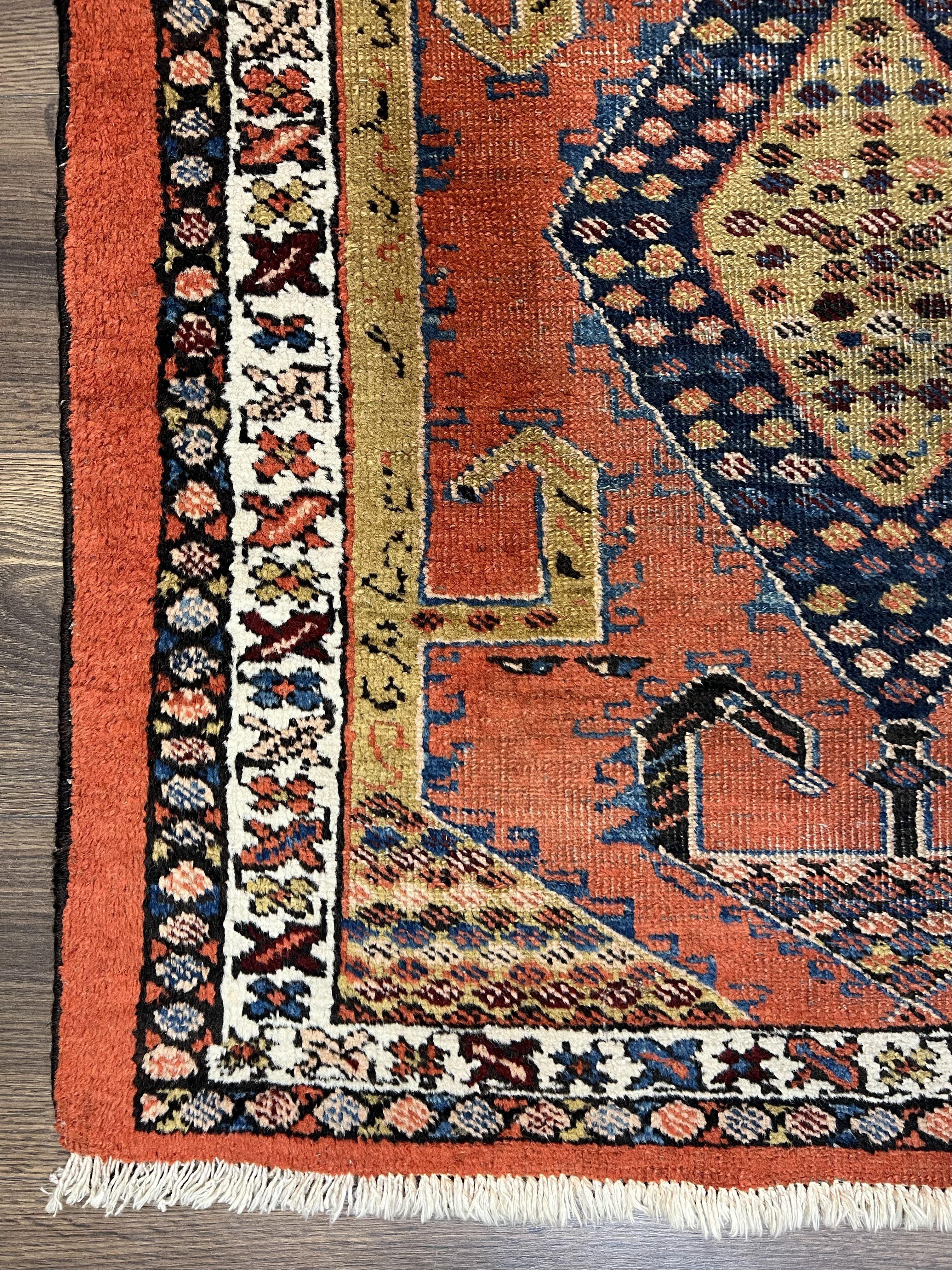 Rare Persian Tribal Runner Rug 3 x 11, Sarab Serab Persian Runner, Antique 1920s Collectible Geometric Medallions Oriental Wool Runner, Hand Knotted, Bright Orange-Red
