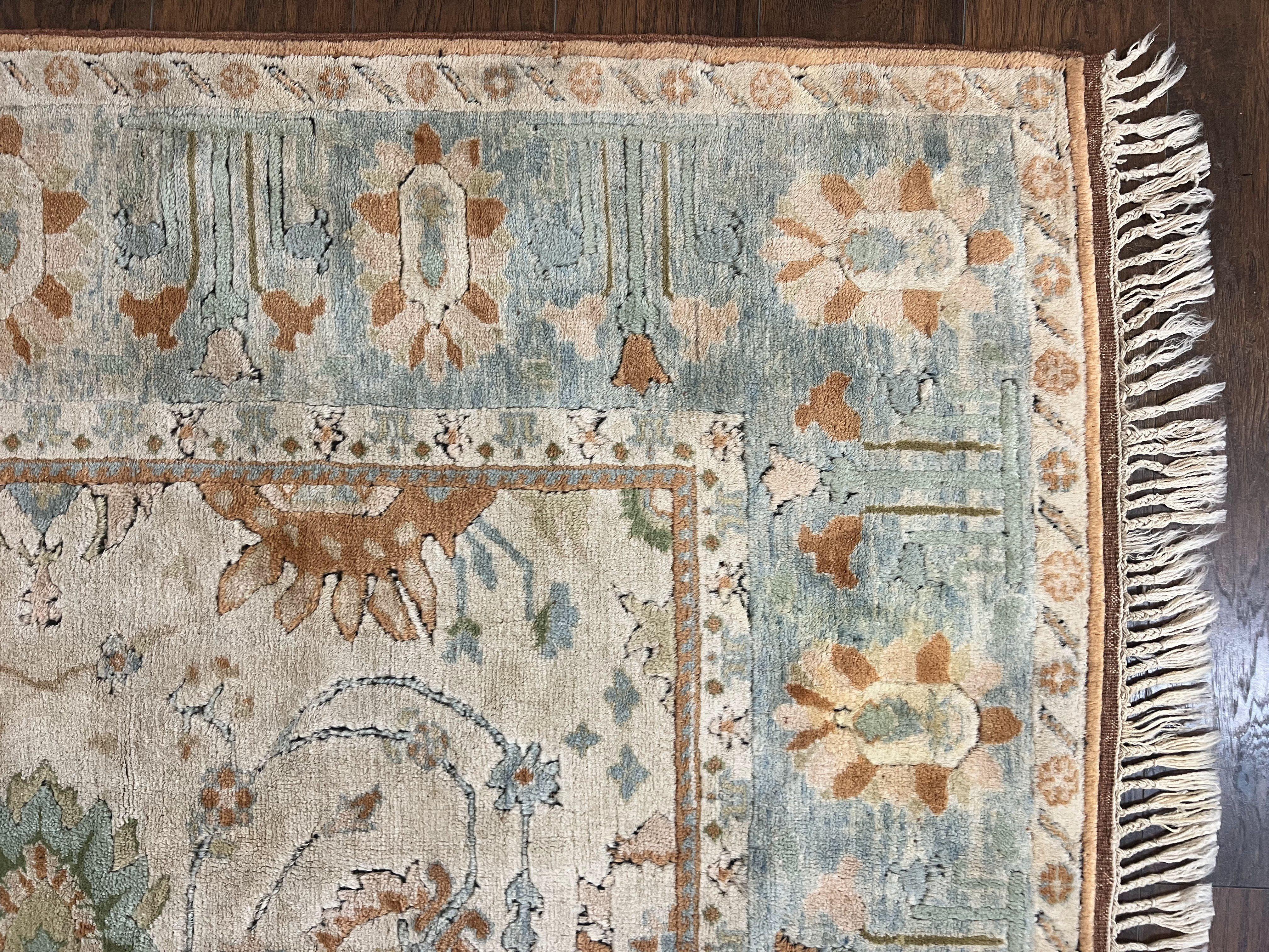Turkish Oushak Rug 9x10, Farmhouse Rug, Beige & Light Blue