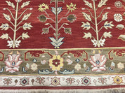 Indian Rug 10x14, Wool Hand Knotted Flatweave Carpet, Tree of Life, Red and Green