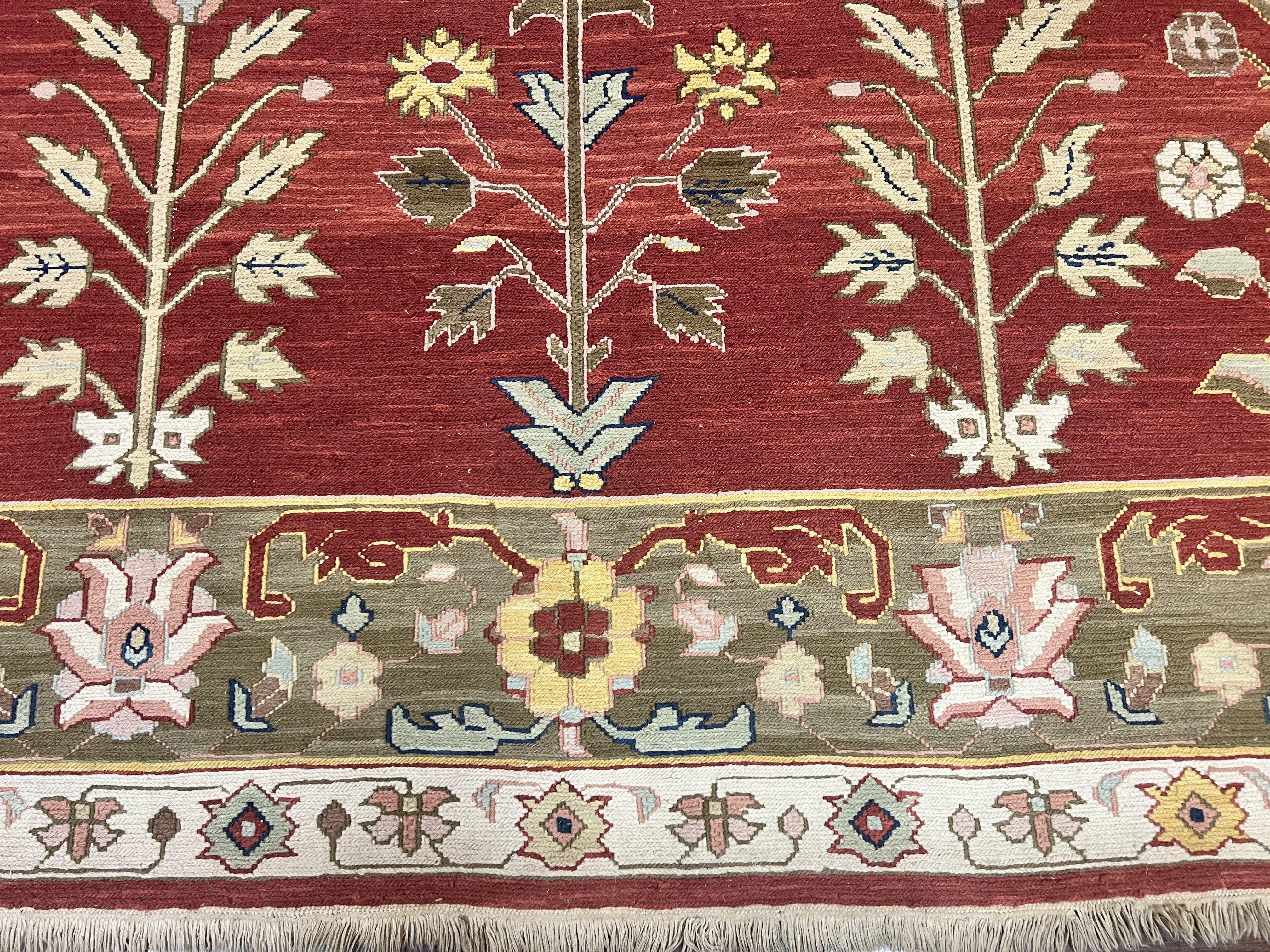 Indian Rug 10x14, Wool Hand Knotted Flatweave Carpet, Tree of Life, Red and Green