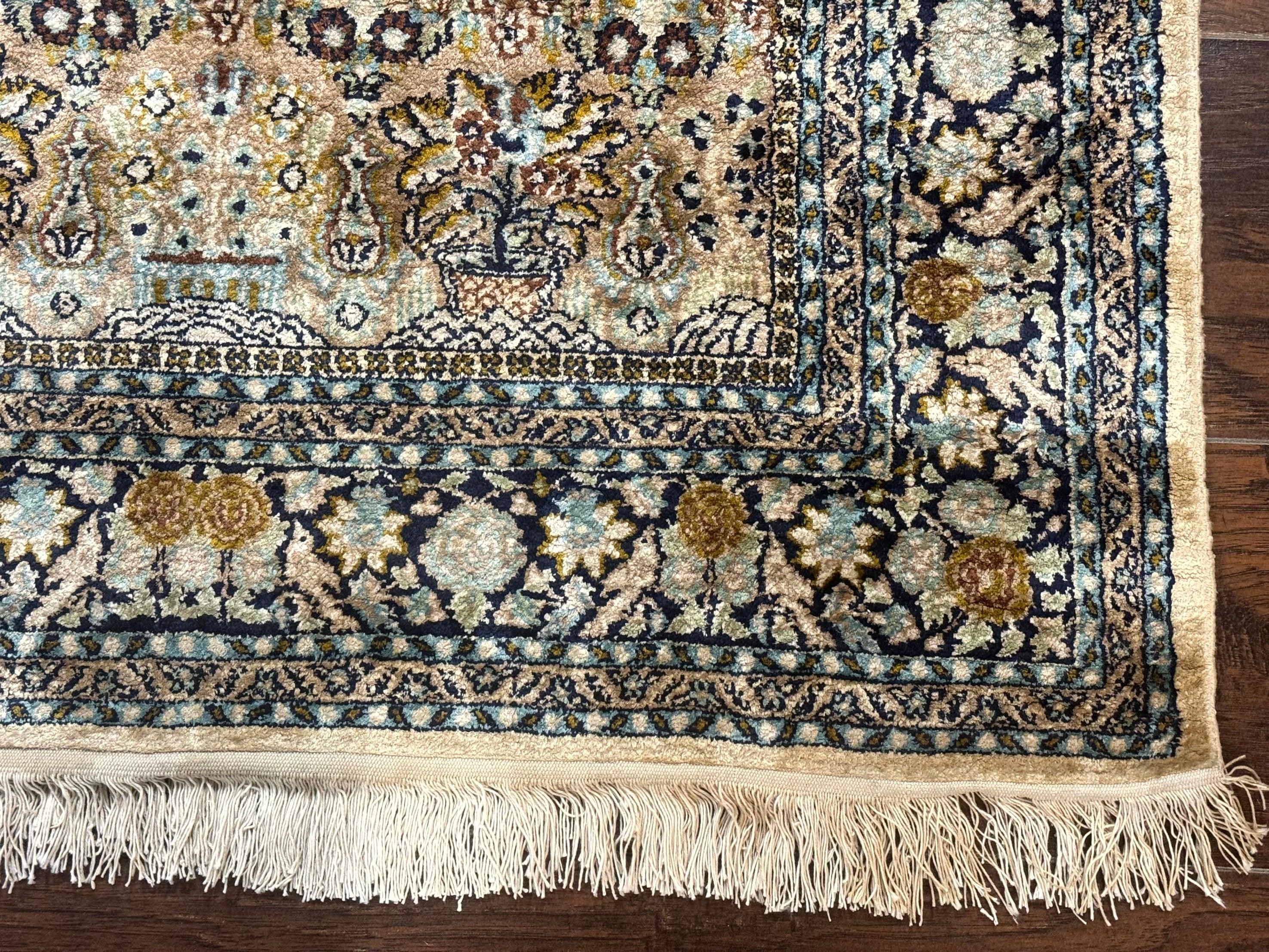 Silk Indian Kashmiri Rug 3x4, Very Fine 400 KPSI, Silk Prayer Rug, Handmade