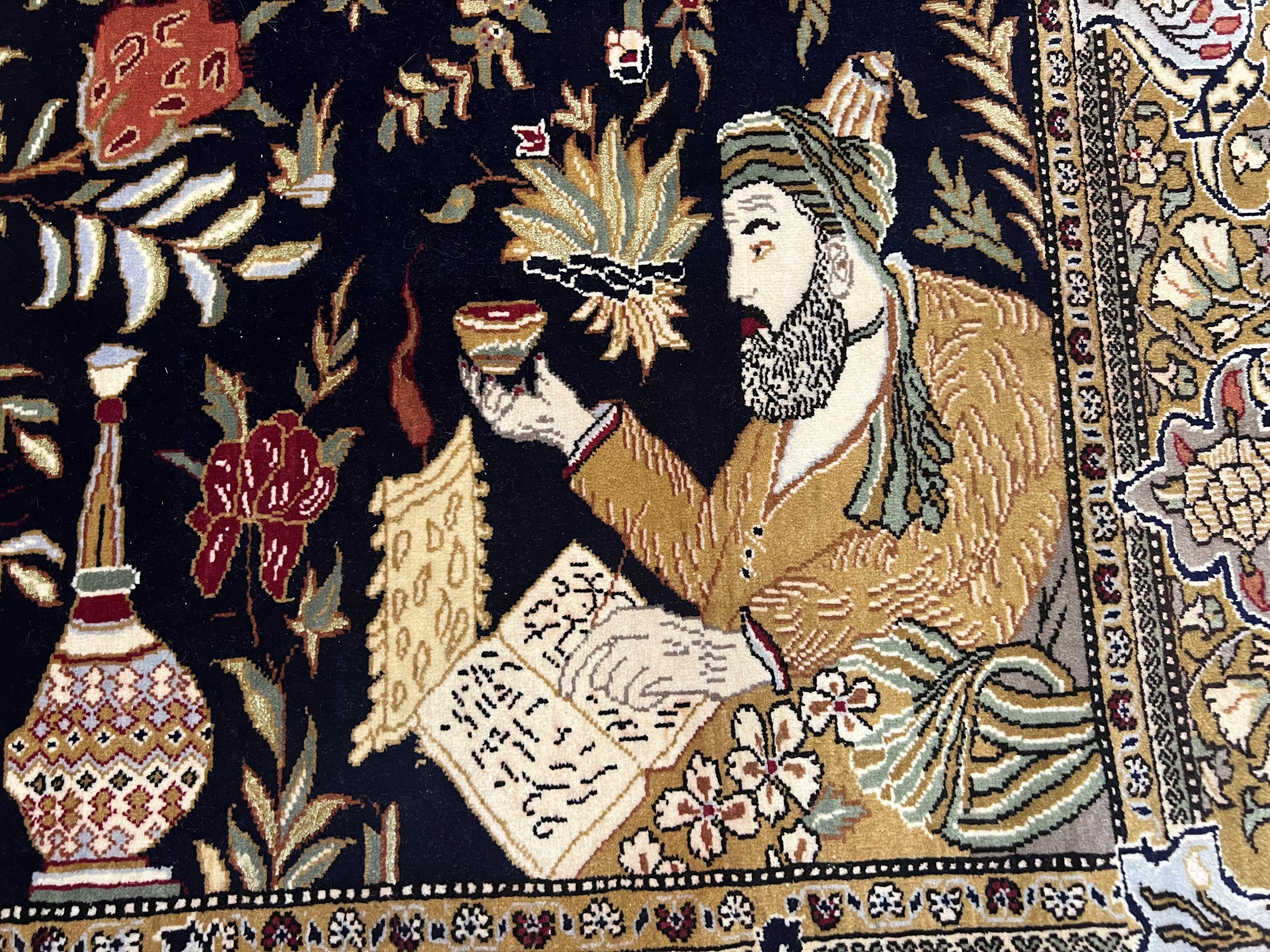 Persian Qum Pictorial Rug 4.8 x 6.5 - Layla & Majnun, Birds