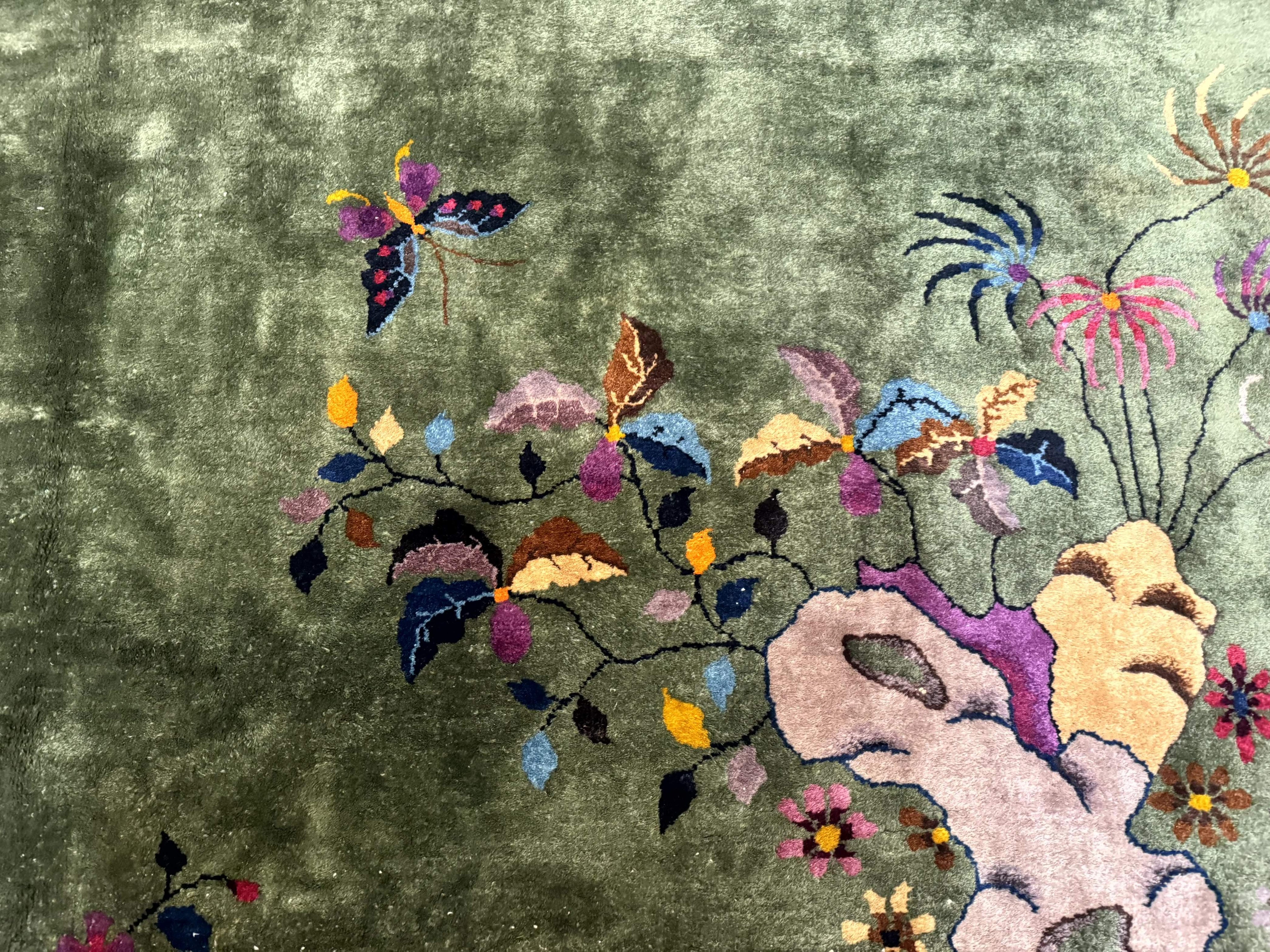 Antique Chinese Nichols Rug 9x12 - Rare Green and Purple Art Deco Carpet