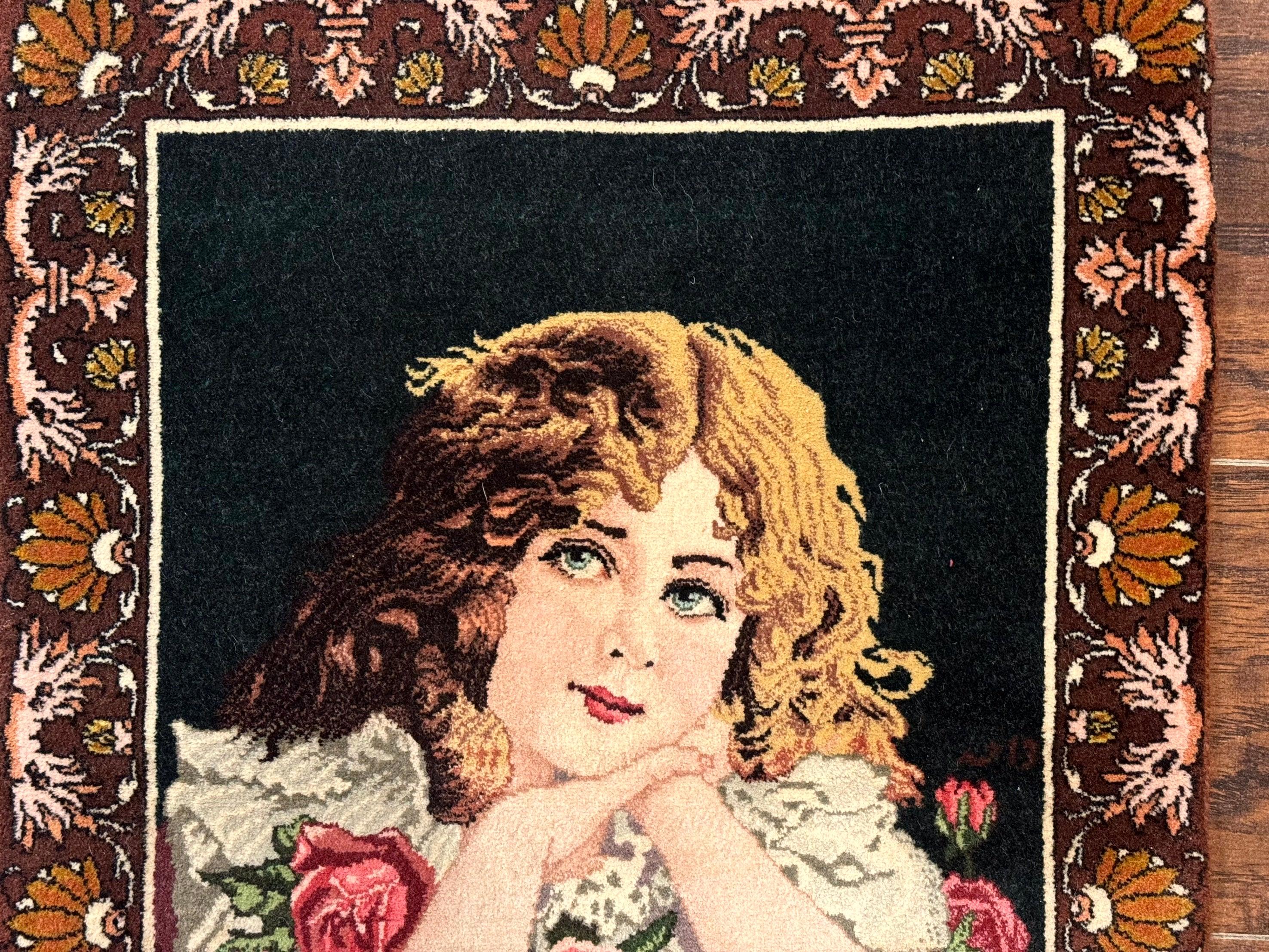 Small Persian Tabriz Pictorial Rug of Young Girl, Very Fine 380 KPSI, Portrait of Young Lady with Roses, Handmade, Persian Rug for Wall Hanging