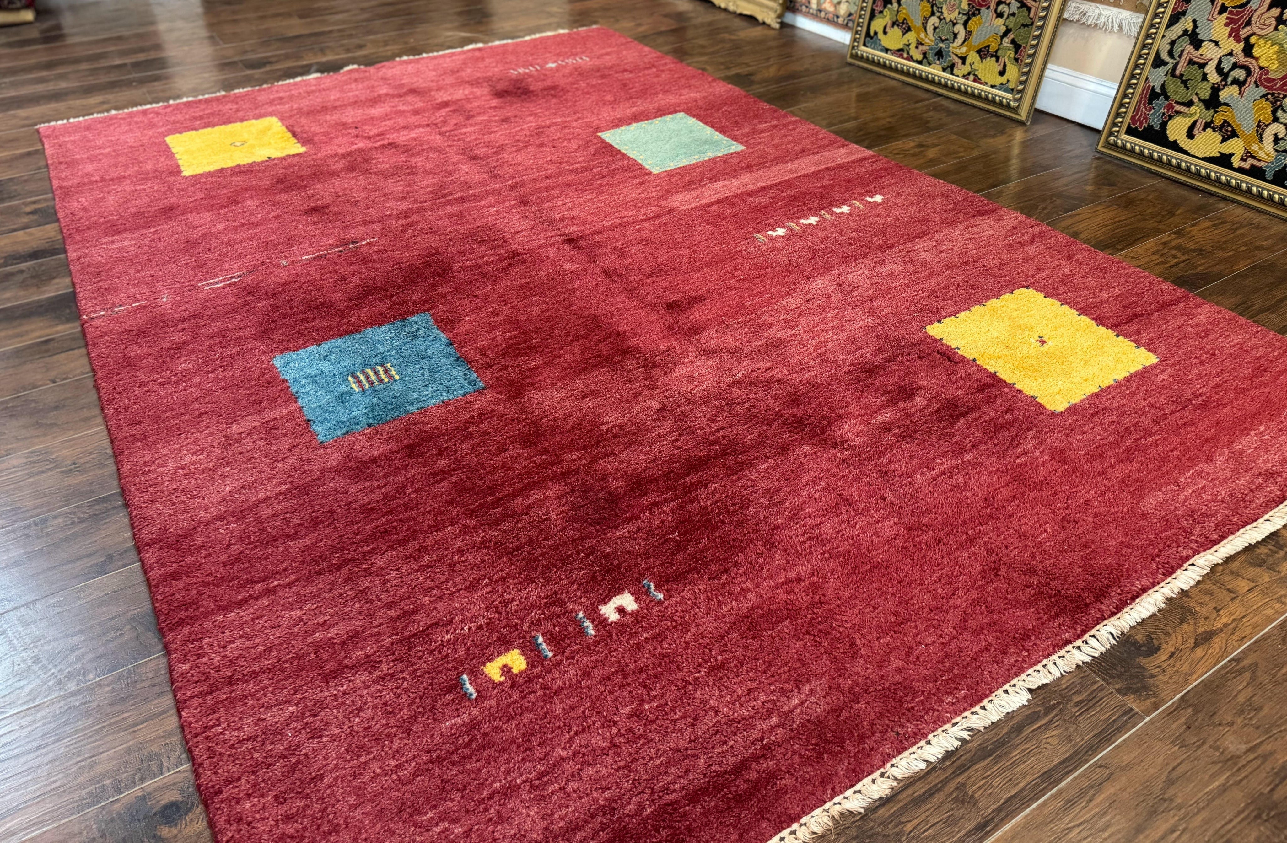 Modern Indo Persian Gabbeh Rug 7x10, Red, Tribal Area Rug