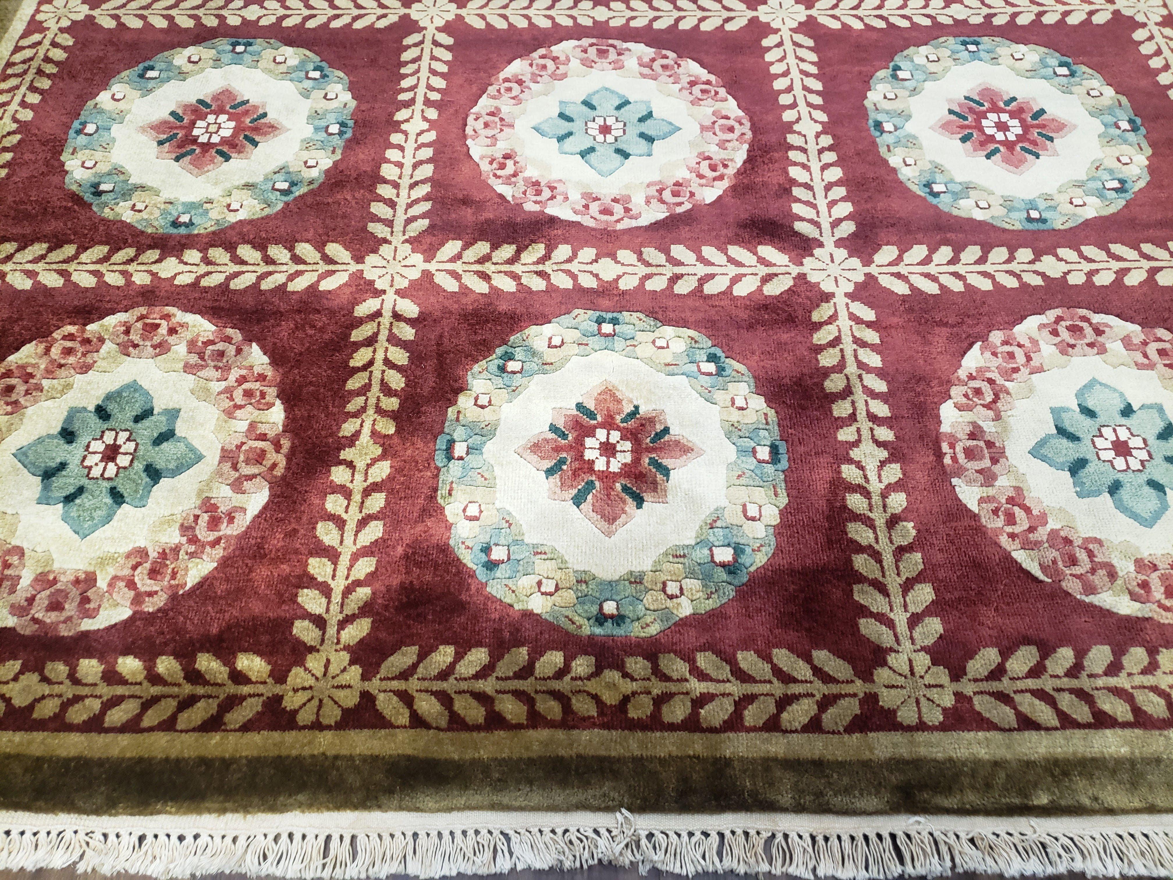 Nepalese Aubusson Panel Rug 6x9, Red & Ivory Soft Plush Tibetan Pile Rug, Wool Hand-Knotted Carpet, 6 x 9 Elegant Area Rug, Office Room Rug