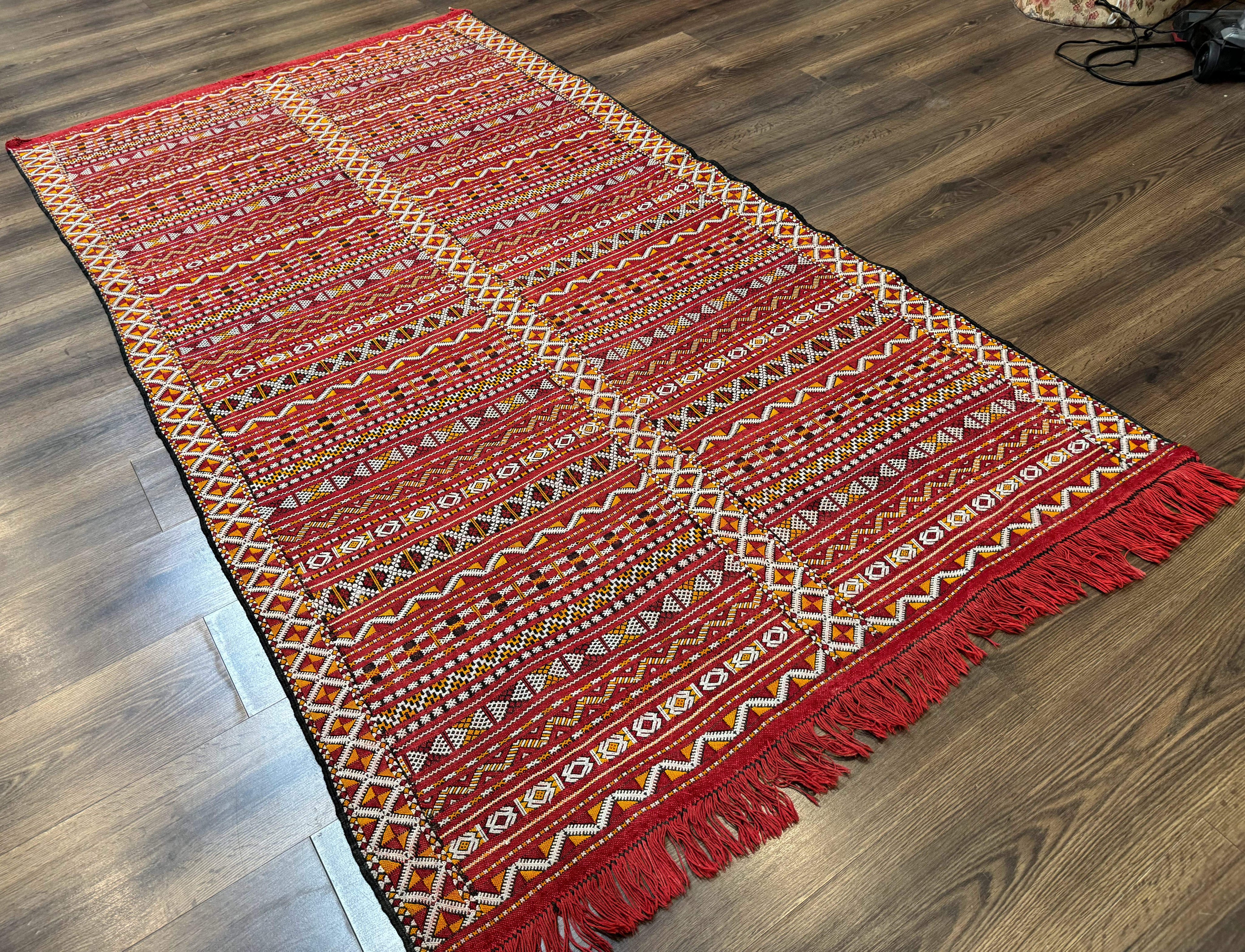 Moroccan Kilim Rug 4x8, Flatweave, Bohemian, Red Ivory Orange