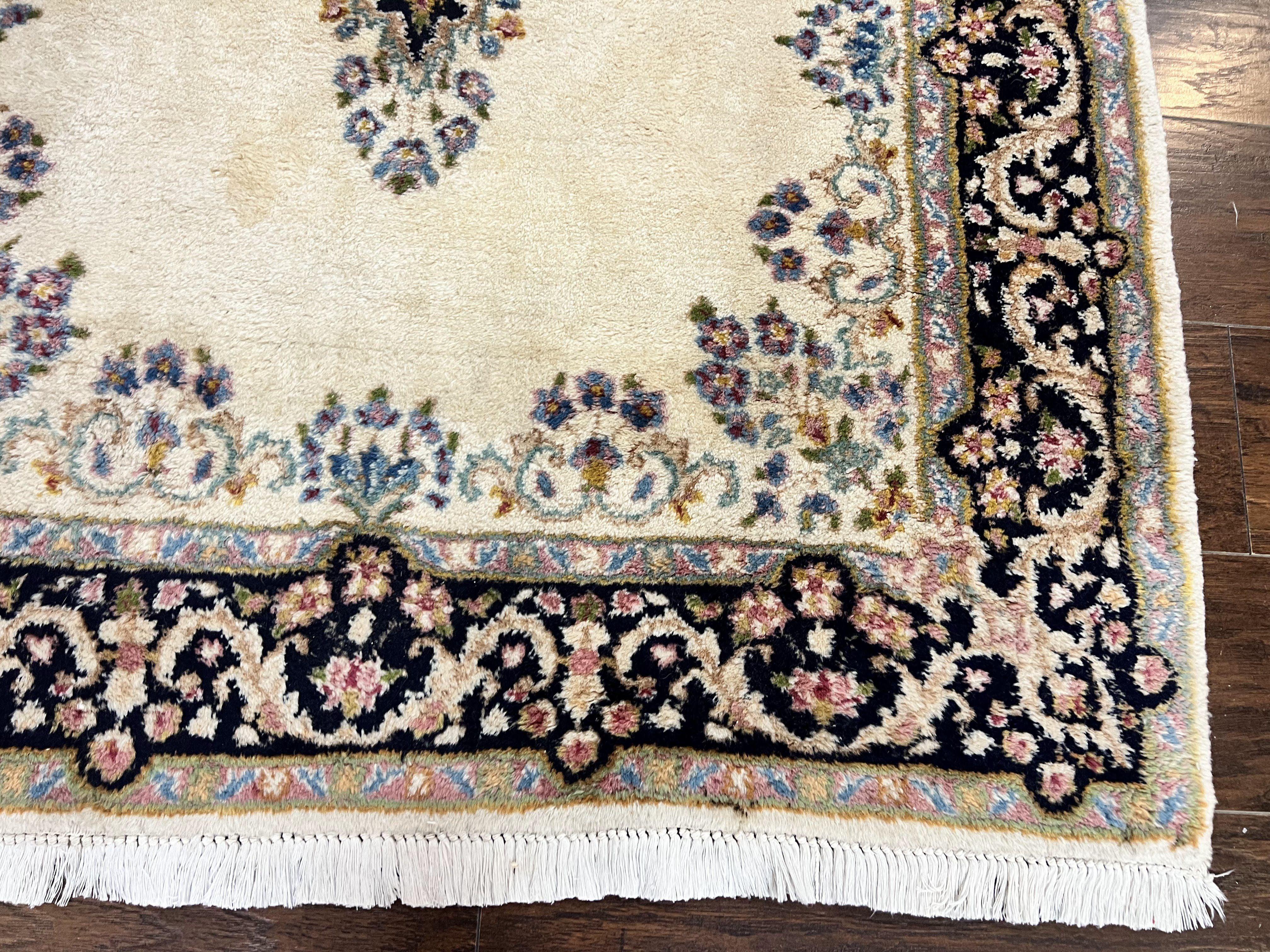 Persian Kirman Rug 4x7, Wool Hand Knotted Antique Carpet, Beige, Semi Open Field Medallion Rug, Traditional Handmade Oriental Rug