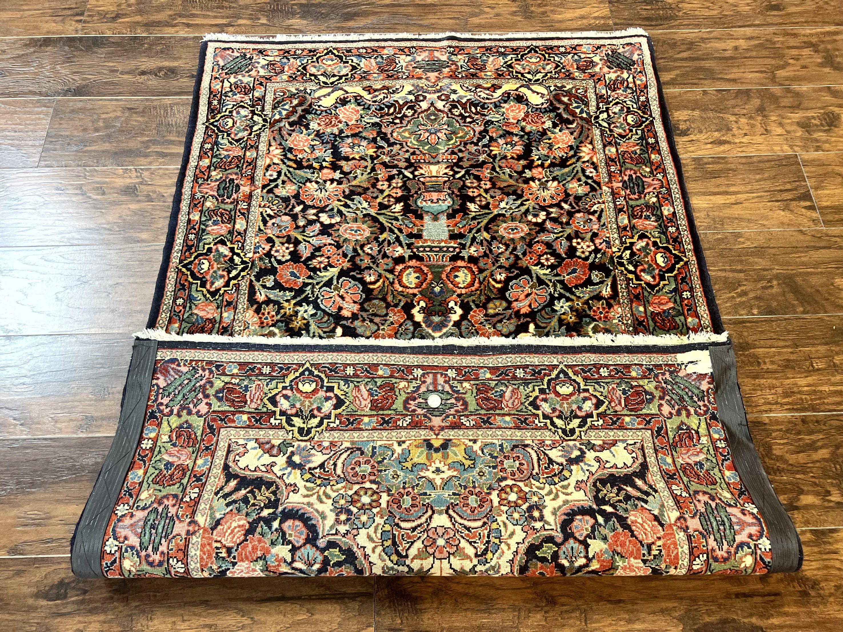 Persian Saoruk Rug 4x5, Navy Blue and Red, Floral, Antique Persian Wool Carpet, Handmade