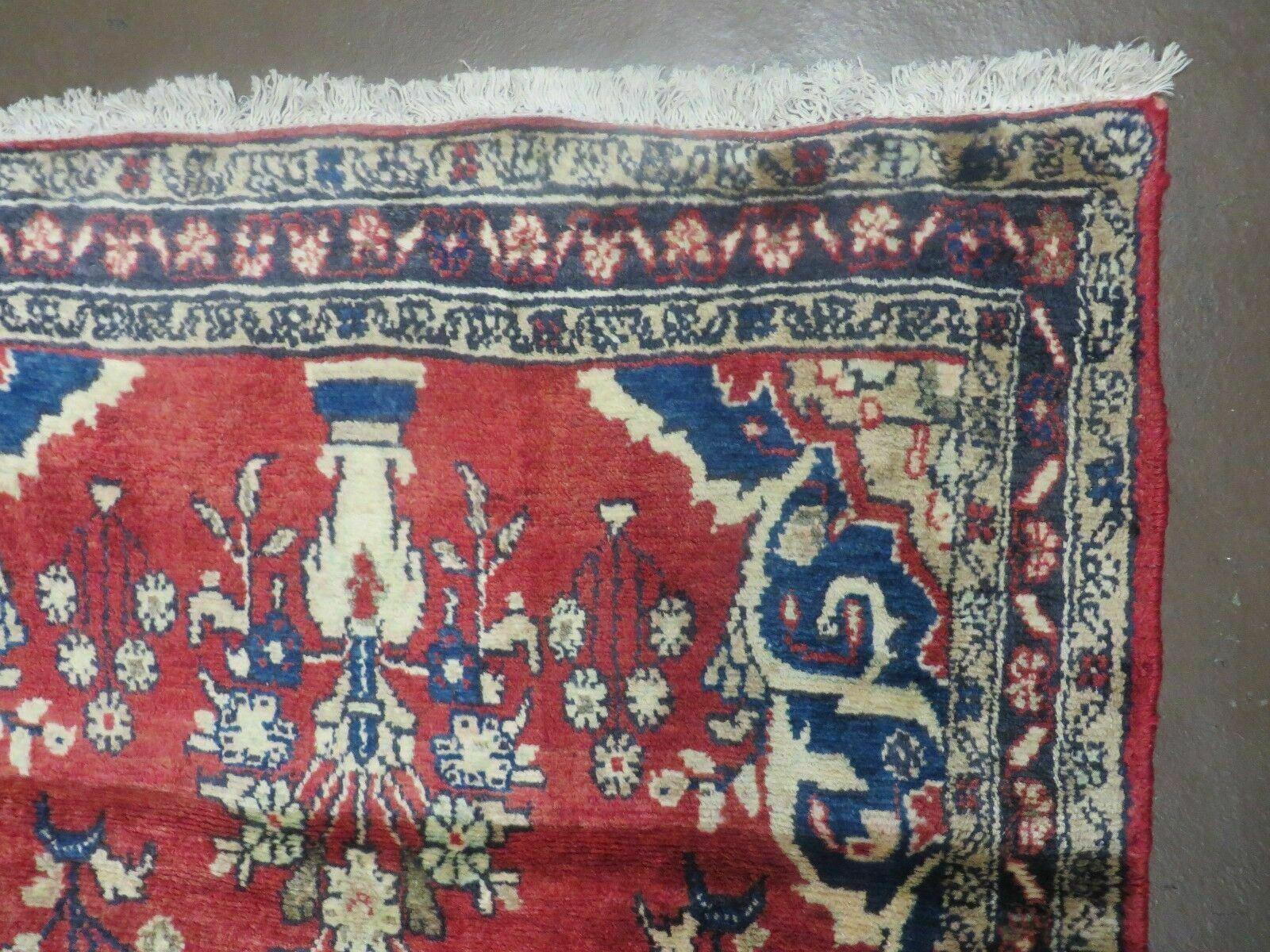 Persian Runner Rug 3 x 12, Antique Wool Oriental Runner, Floral Vases, Red & Navy Blue