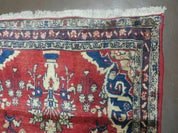 Persian Runner Rug 3 x 12, Antique Wool Oriental Runner, Floral Vases, Red & Navy Blue