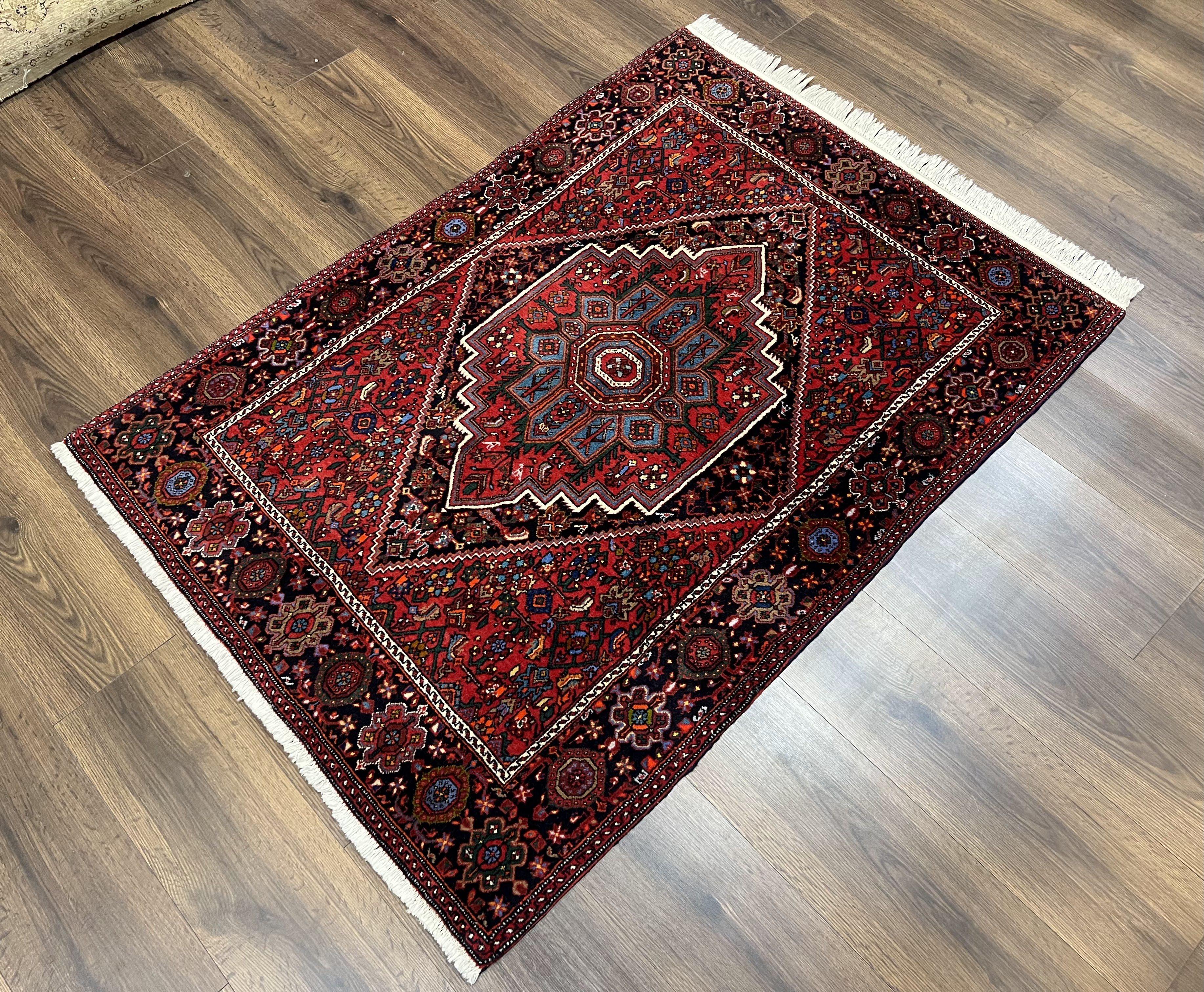 Fine Persian Bidjar Rug 3x5 ft, Ruby Red and Black, Geometric Medallion, Hand Knotted Semi Antique Oriental Bijar Carpet, Wool Area Rug, Tribal Rug