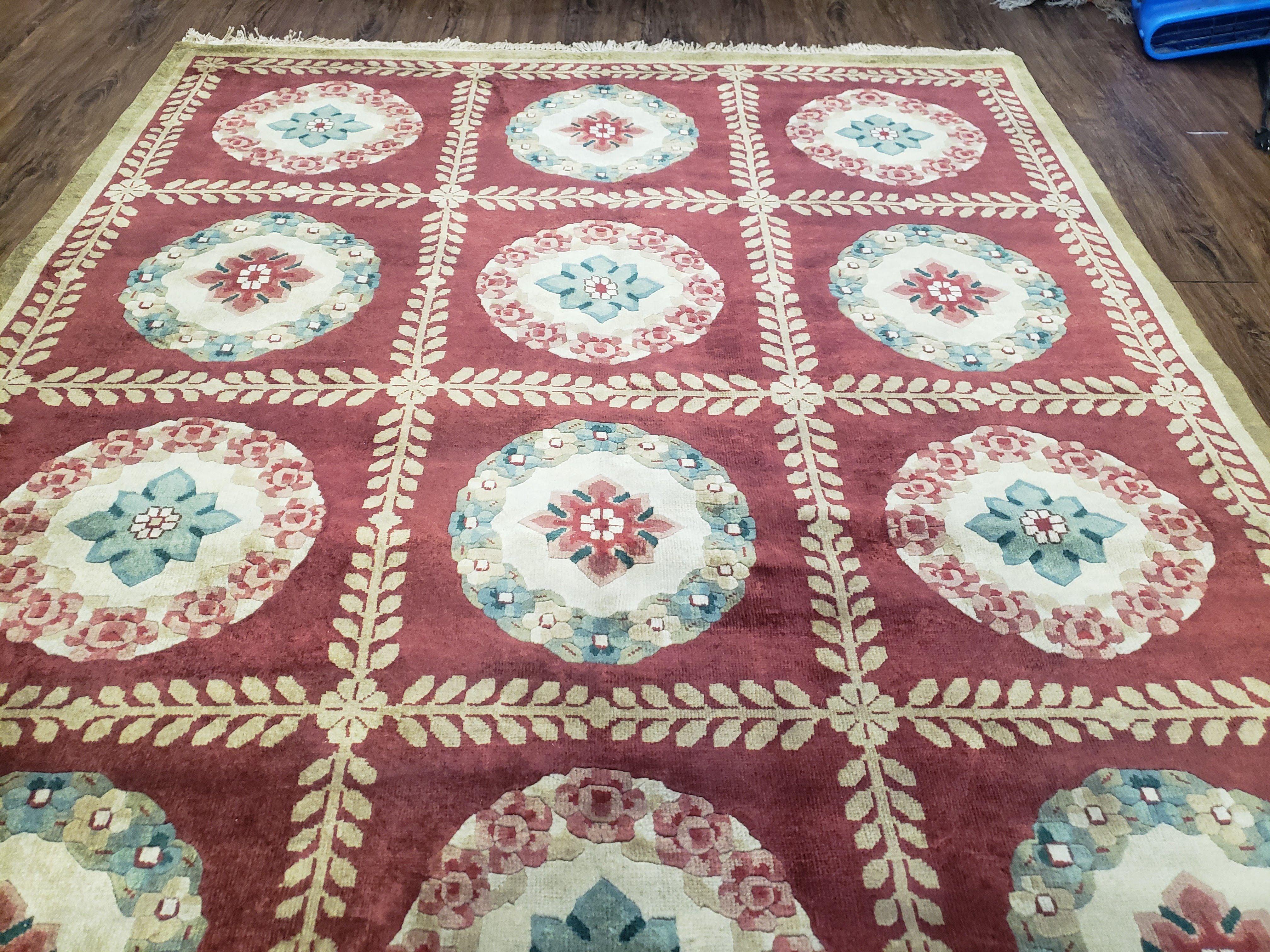 Nepalese Aubusson Panel Rug 6x9, Red & Ivory Soft Plush Tibetan Pile Rug, Wool Hand-Knotted Carpet, 6 x 9 Elegant Area Rug, Office Room Rug