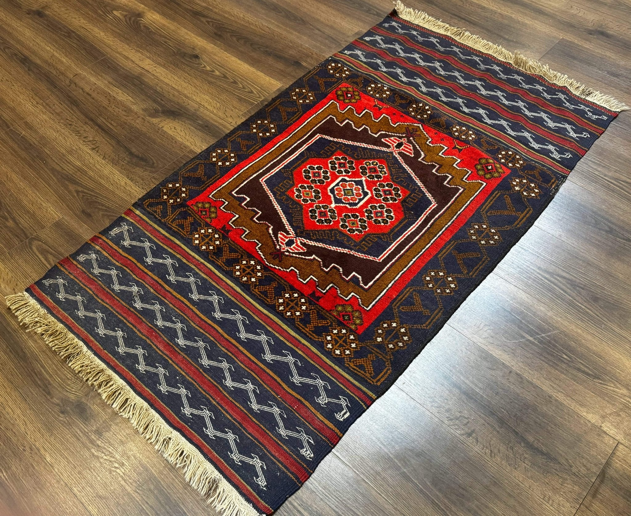 Afghan Rug 3x5, Tribal, Navy Blue, Wool, Handmade, Geometric, Rustic - Jewel RugsShopify CollectiveHUNTEDFOX - Afghan Rug 3x5, Tribal, Navy Blue, Wool, Handmade, Geometric, Rustic