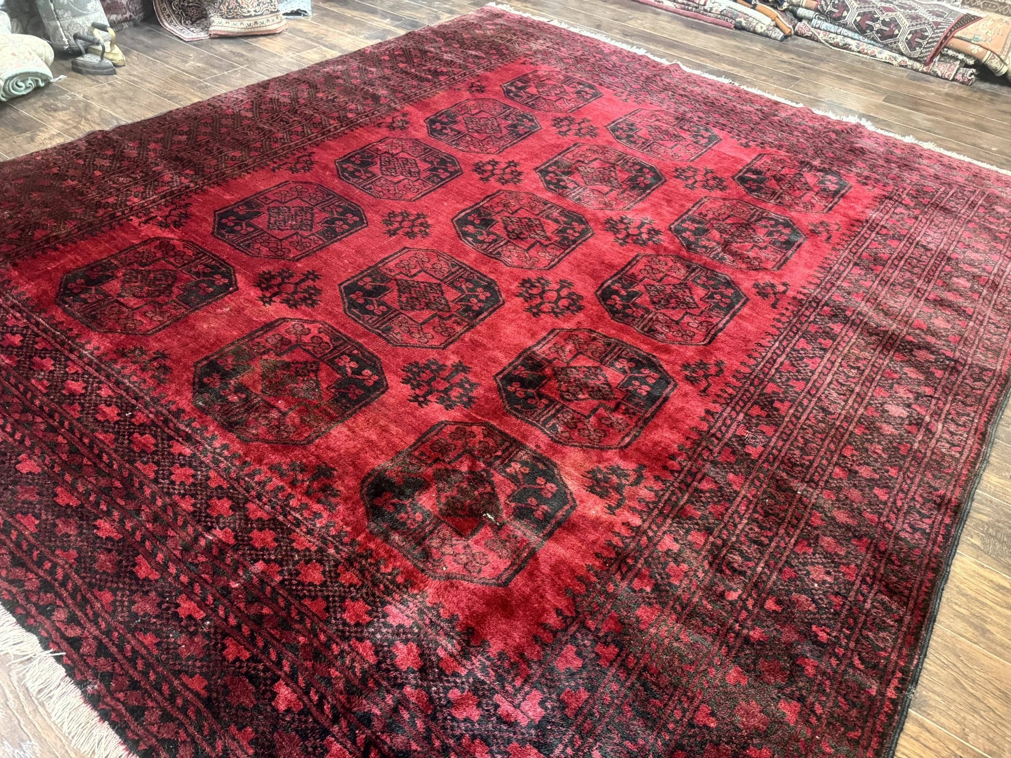 Afghan Turkoman Rug 9x10, Red Beshir Carpet, Tribal, Wool, Antique - Jewel RugsShopify CollectiveHUNTEDFOX - Afghan Turkoman Rug 9x10, Red Beshir Carpet, Tribal, Wool, Antique