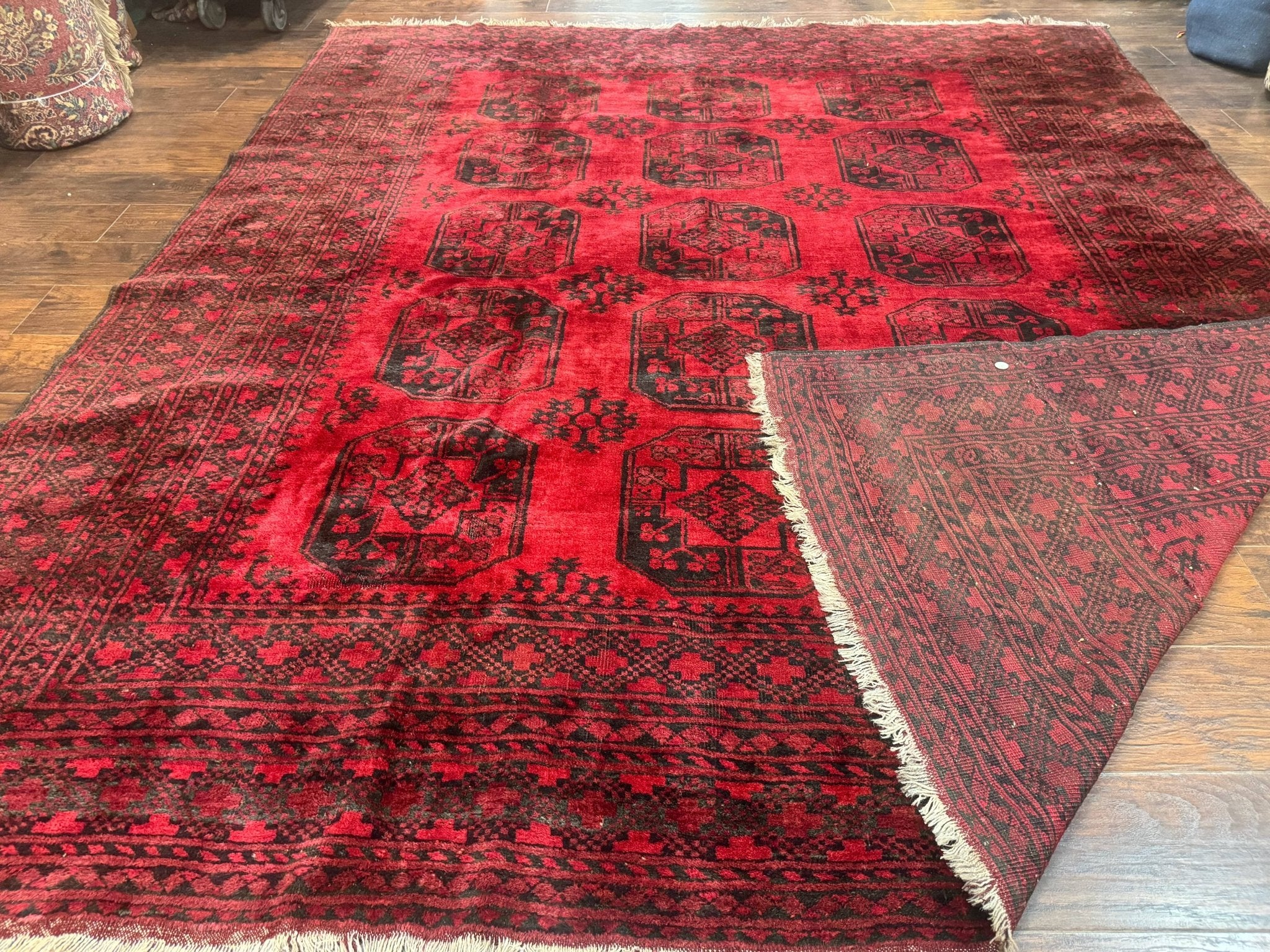 Afghan Turkoman Rug 9x10, Red Beshir Carpet, Tribal, Wool, Antique - Jewel RugsShopify CollectiveHUNTEDFOX - Afghan Turkoman Rug 9x10, Red Beshir Carpet, Tribal, Wool, Antique