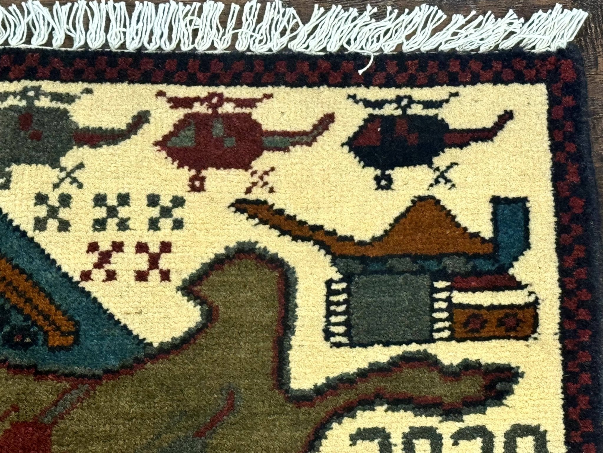 Afghan War Rug, Helicopters Tanks Guns, Handmade, Wool, 2x3 - Jewel RugsShopify CollectiveHUNTEDFOX - Afghan War Rug, Helicopters Tanks Guns, Handmade, Wool, 2x3