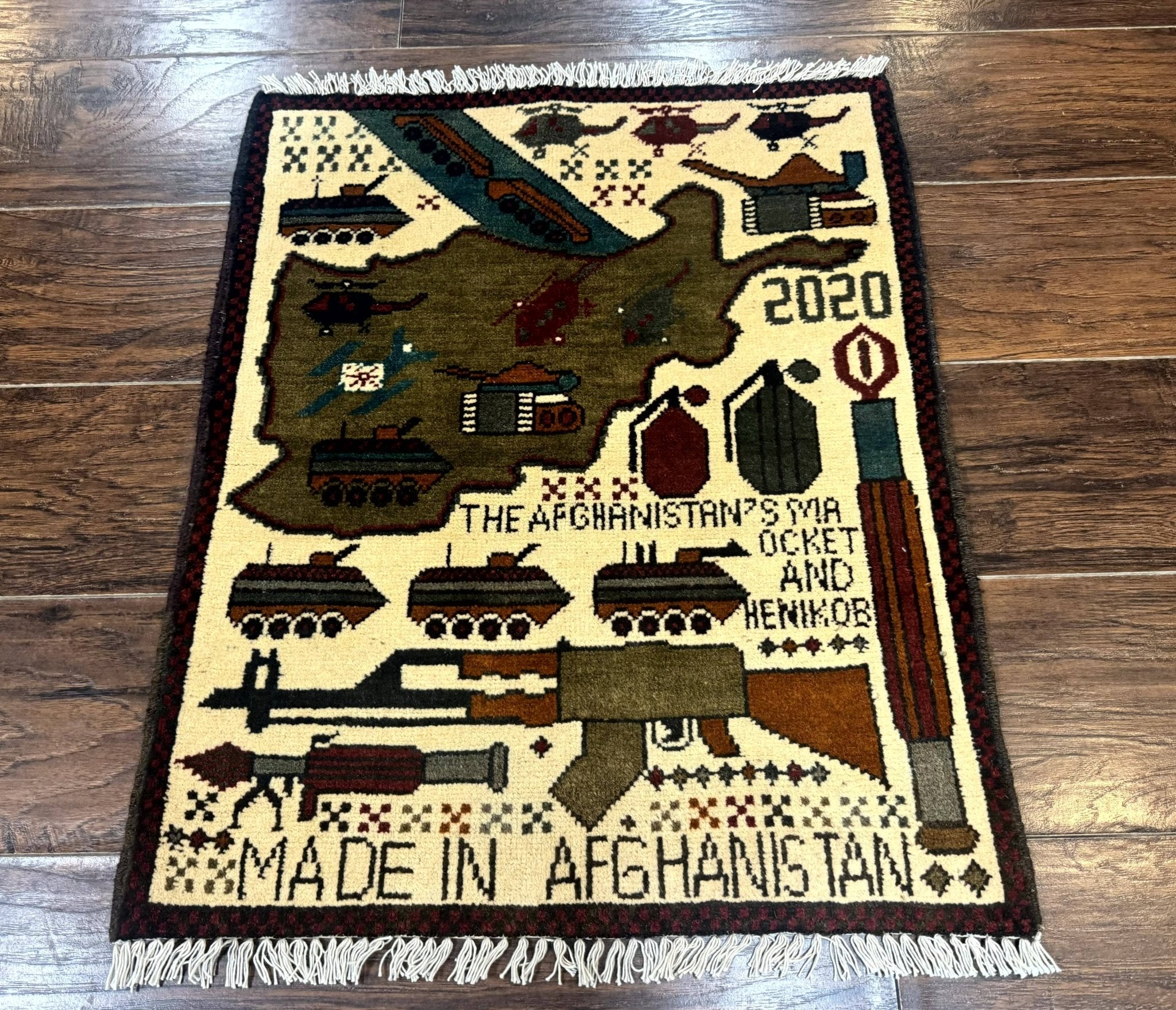 Afghan War Rug, Helicopters Tanks Guns, Handmade, Wool, 2x3 - Jewel RugsShopify CollectiveHUNTEDFOX - Afghan War Rug, Helicopters Tanks Guns, Handmade, Wool, 2x3