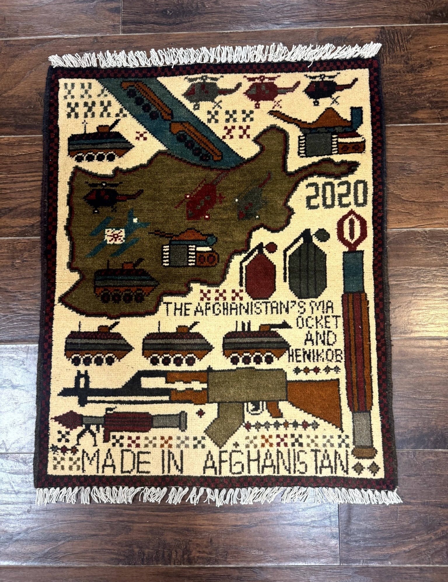 Afghan War Rug, Helicopters Tanks Guns, Handmade, Wool, 2x3 - Jewel RugsShopify CollectiveHUNTEDFOX - Afghan War Rug, Helicopters Tanks Guns, Handmade, Wool, 2x3