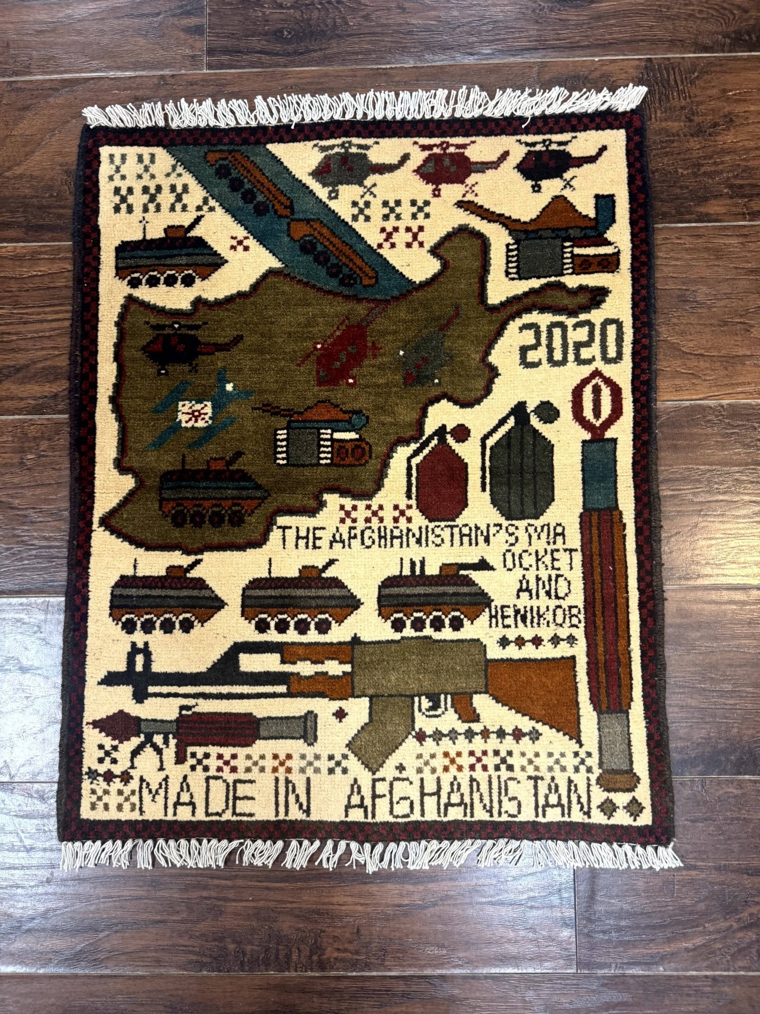 Afghan War Rug, Helicopters Tanks Guns, Handmade, Wool, 2x3 - Jewel RugsShopify CollectiveHUNTEDFOX - Afghan War Rug, Helicopters Tanks Guns, Handmade, Wool, 2x3