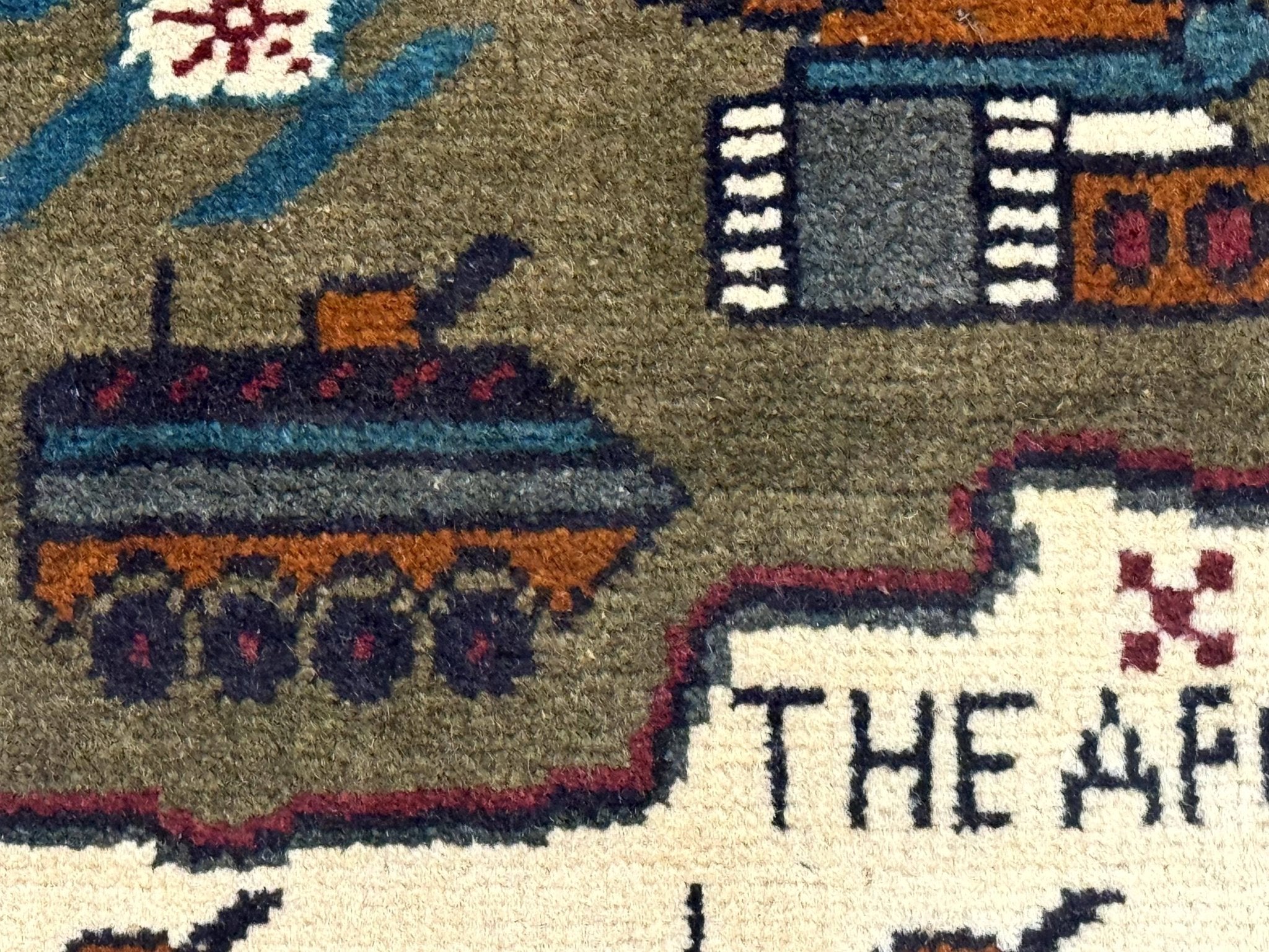 Afghan War Rug, Helicopters Tanks Guns, Handmade, Wool, 2x3 - Jewel RugsShopify CollectiveHUNTEDFOX - Afghan War Rug, Helicopters Tanks Guns, Handmade, Wool, 2x3