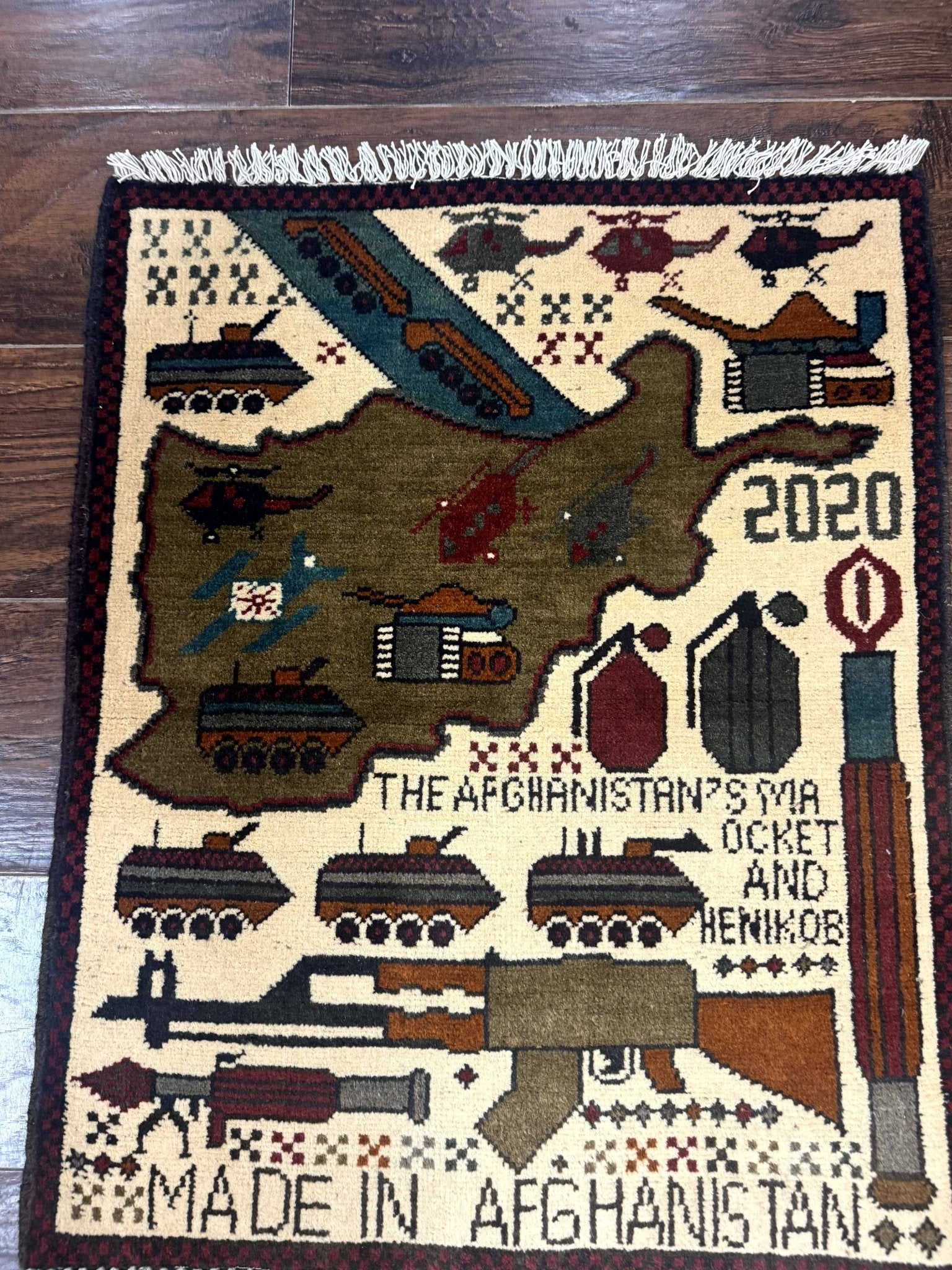 Afghan War Rug, Helicopters Tanks Guns, Handmade, Wool, 2x3 - Jewel RugsShopify CollectiveHUNTEDFOX - Afghan War Rug, Helicopters Tanks Guns, Handmade, Wool, 2x3