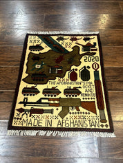 Afghan War Rug, Helicopters Tanks Guns, Handmade, Wool, 2x3 - Jewel RugsShopify CollectiveHUNTEDFOX - Afghan War Rug, Helicopters Tanks Guns, Handmade, Wool, 2x3