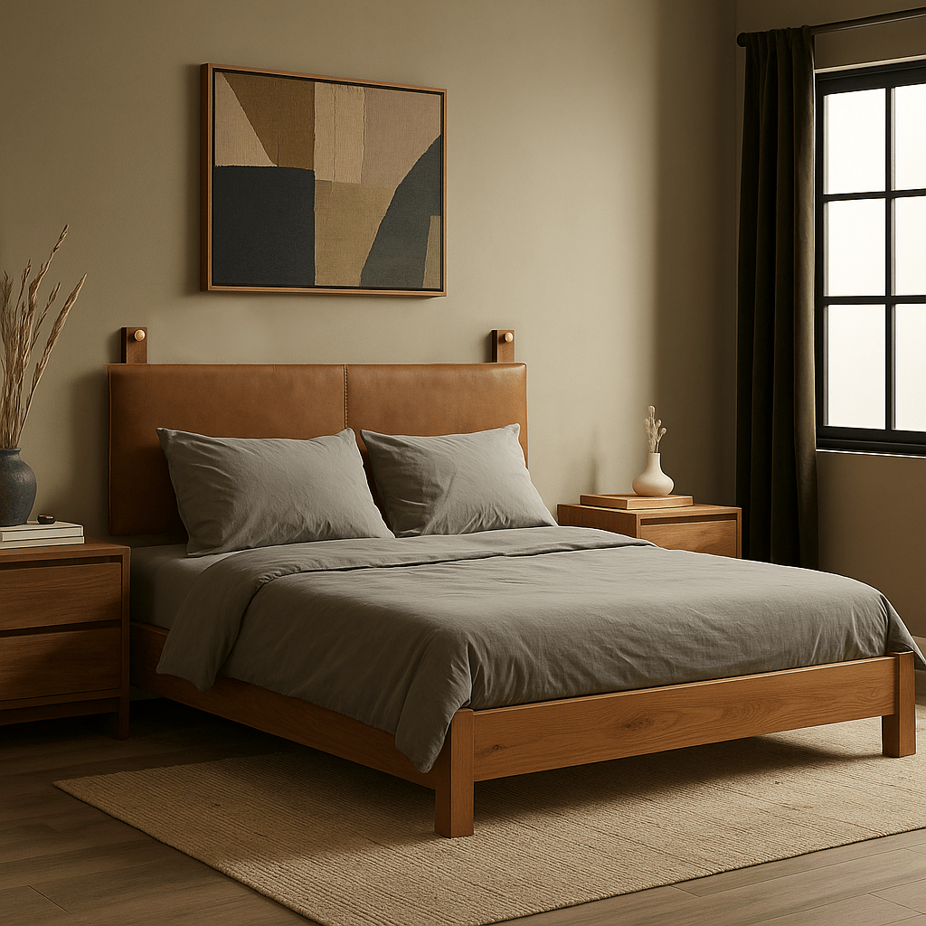 Aged Tan Leather Wall - Mount Headboard - headboardLEATHERShopify CollectiveHUNTEDFOX - soft aged tan leather wall - mounted headboard for king bed in masculine room