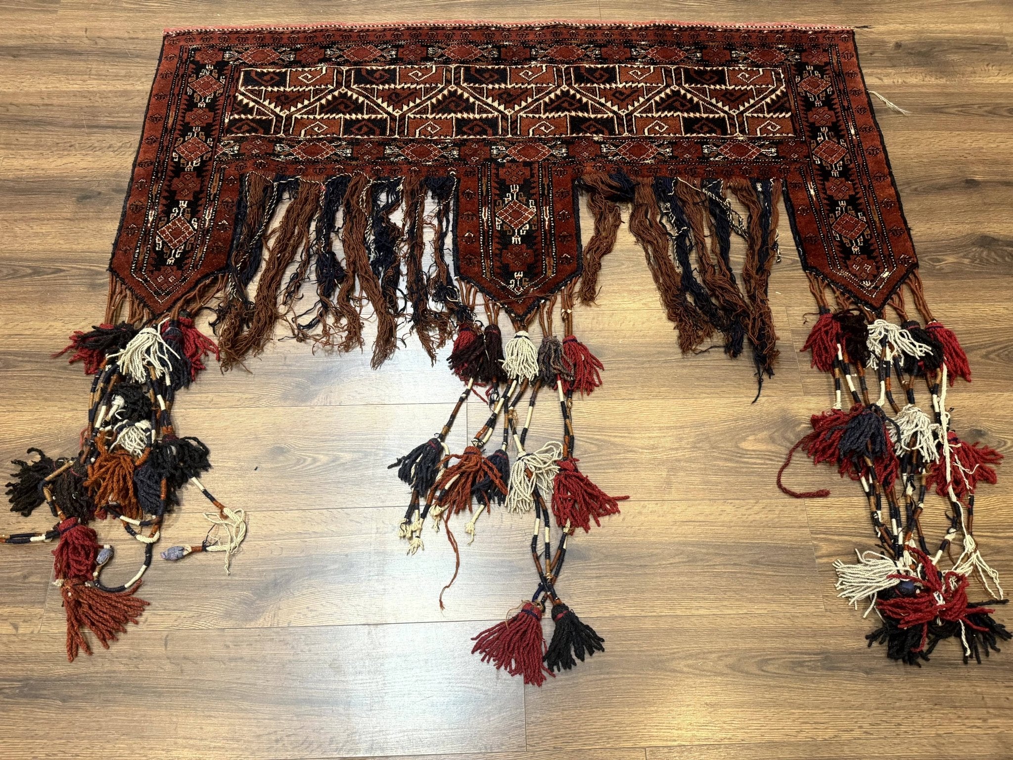 Antique Afghan Beshir Tent Header Textile Rug, Tribal Collectible, Wool - Jewel RugsShopify CollectiveHUNTEDFOX - Antique Afghan Beshir Tent Header Textile Rug, Tribal Collectible, Wool