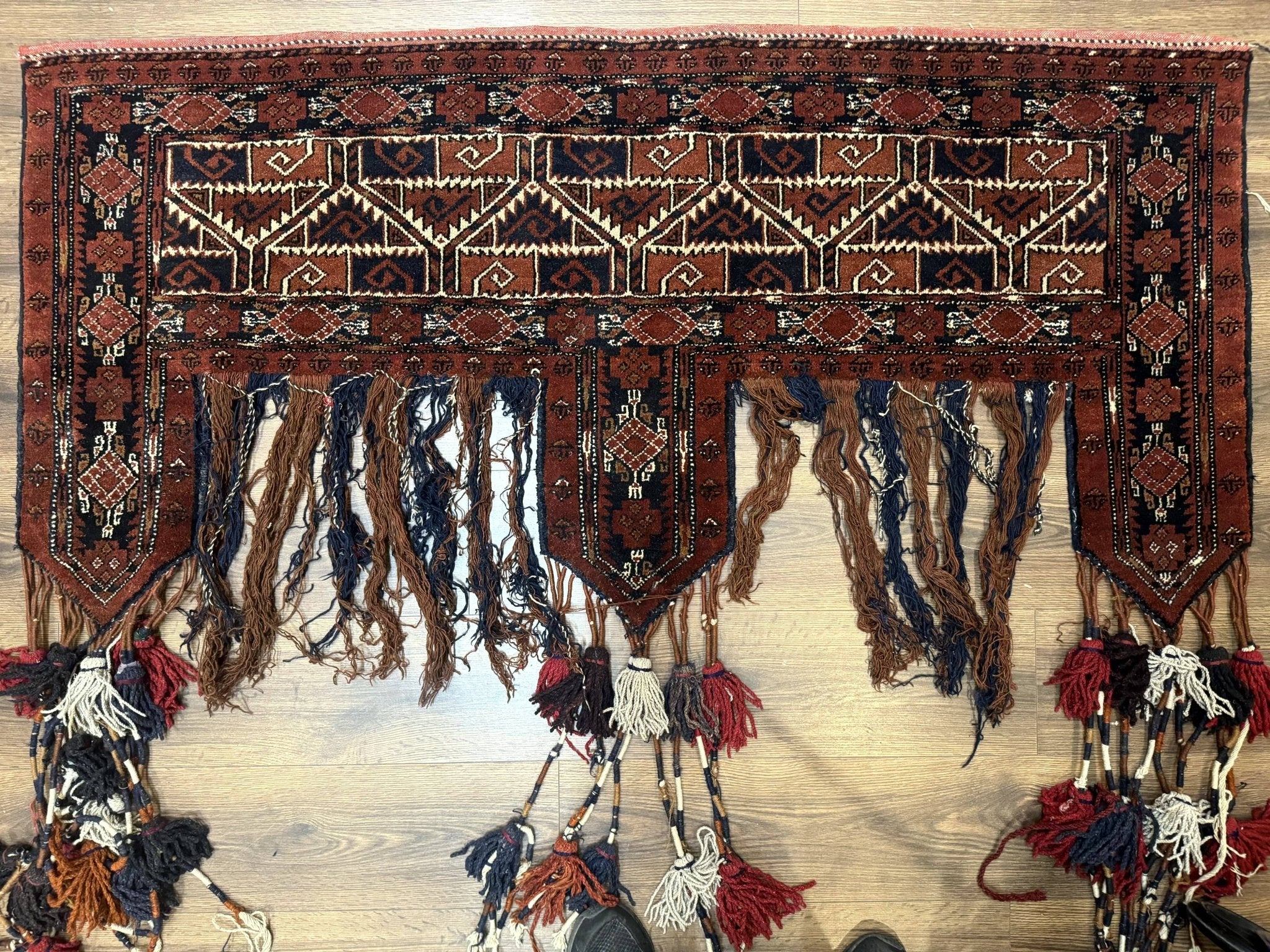 Antique Afghan Beshir Tent Header Textile Rug, Tribal Collectible, Wool - Jewel RugsShopify CollectiveHUNTEDFOX - Antique Afghan Beshir Tent Header Textile Rug, Tribal Collectible, Wool