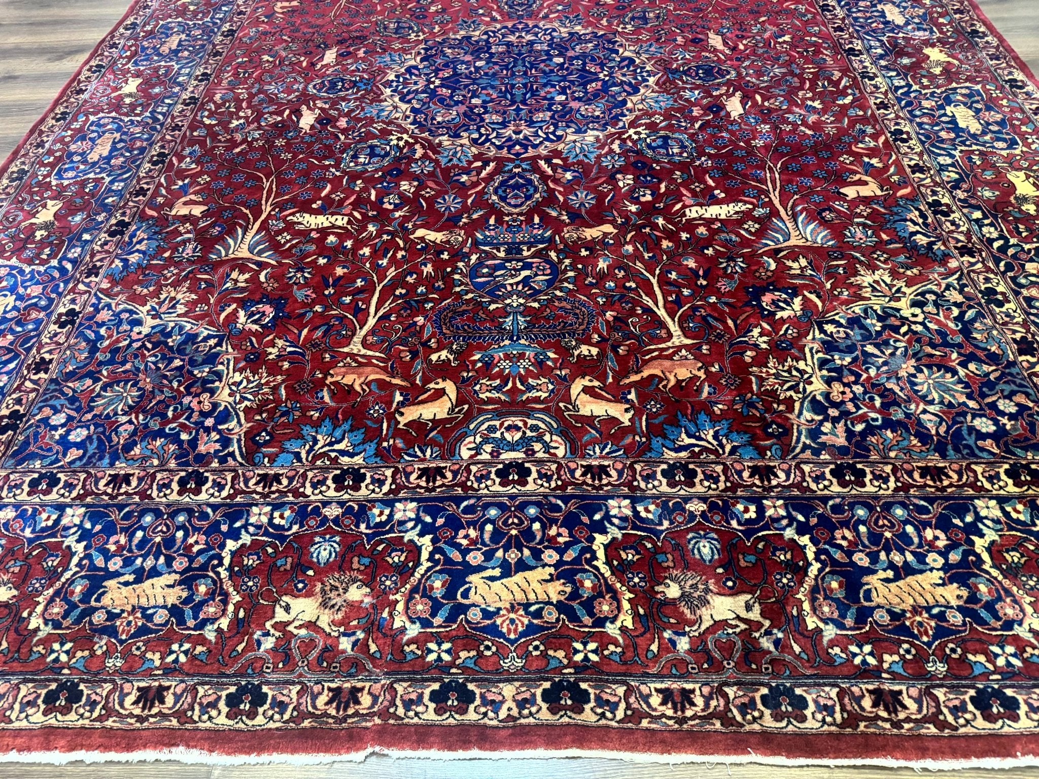 Antique Indo Persian Kerman Rug 9x12 Red Manchester Wool Animal Pictorials, Fine 290 KPSI - Jewel RugsShopify CollectiveHUNTEDFOX - Antique Indo Persian Kerman Rug 9x12 Red Manchester Wool Animal Pictorials, Fine 290 KPSI