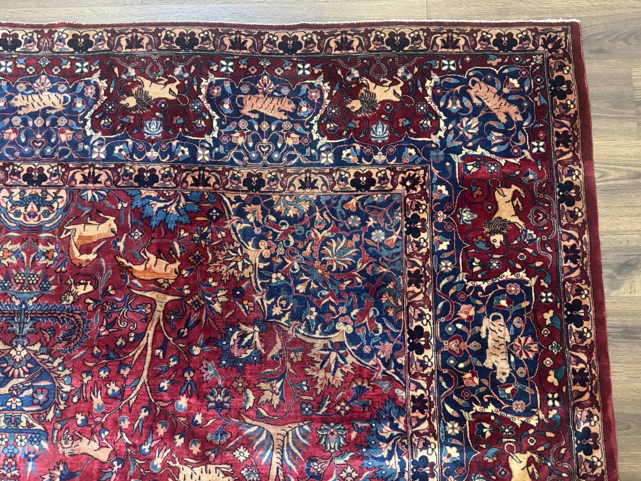 Antique Indo Persian Kerman Rug 9x12 Red Manchester Wool Animal Pictorials, Fine 290 KPSI - Jewel RugsShopify CollectiveHUNTEDFOX - Antique Indo Persian Kerman Rug 9x12 Red Manchester Wool Animal Pictorials, Fine 290 KPSI