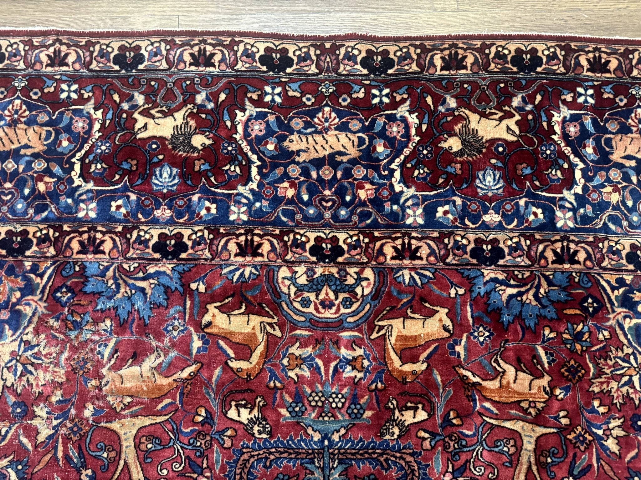 Antique Indo Persian Kerman Rug 9x12 Red Manchester Wool Animal Pictorials, Fine 290 KPSI - Jewel RugsShopify CollectiveHUNTEDFOX - Antique Indo Persian Kerman Rug 9x12 Red Manchester Wool Animal Pictorials, Fine 290 KPSI