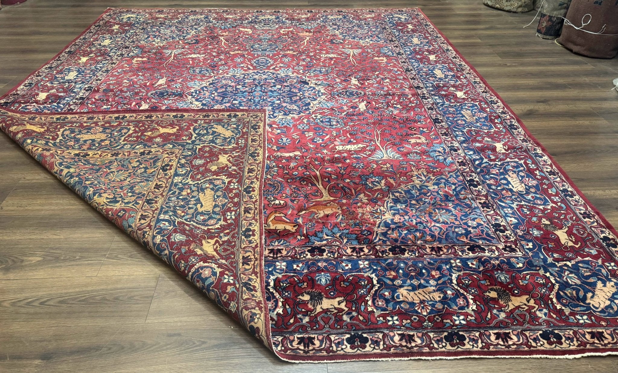 Antique Indo Persian Kerman Rug 9x12 Red Manchester Wool Animal Pictorials, Fine 290 KPSI - Jewel RugsShopify CollectiveHUNTEDFOX - Antique Indo Persian Kerman Rug 9x12 Red Manchester Wool Animal Pictorials, Fine 290 KPSI
