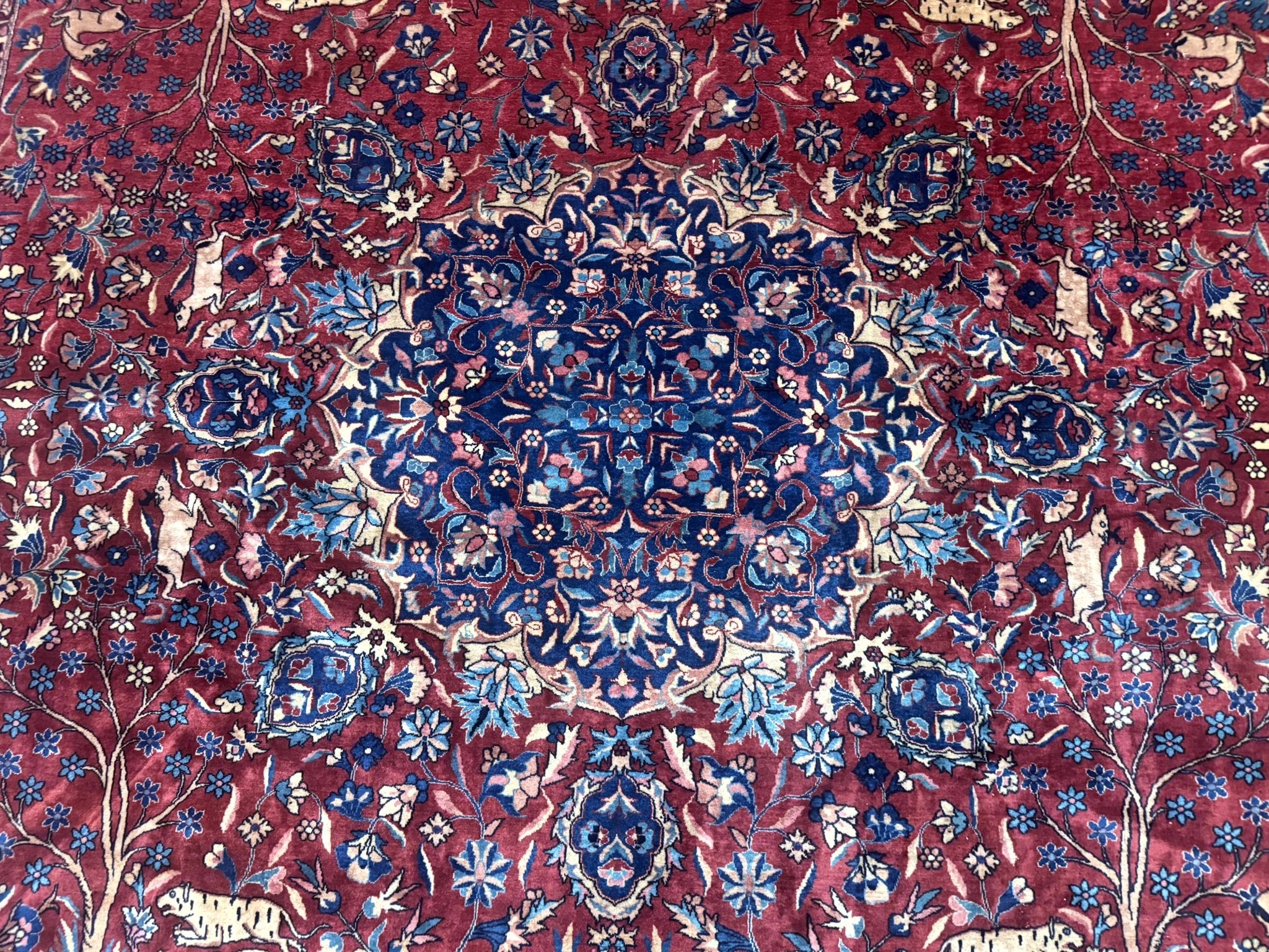 Antique Indo Persian Kerman Rug 9x12 Red Manchester Wool Animal Pictorials, Fine 290 KPSI - Jewel RugsShopify CollectiveHUNTEDFOX - Antique Indo Persian Kerman Rug 9x12 Red Manchester Wool Animal Pictorials, Fine 290 KPSI