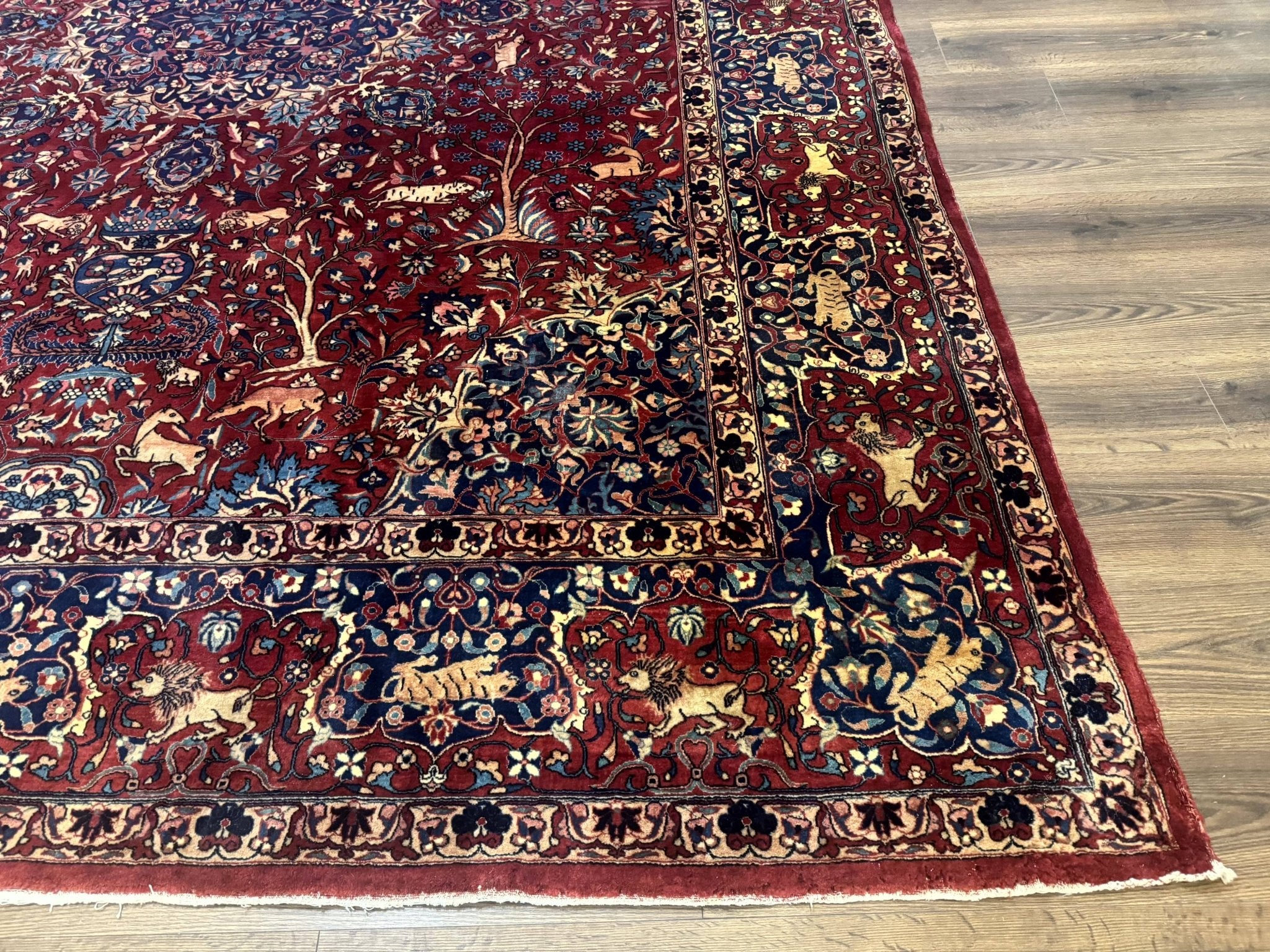 Antique Indo Persian Kerman Rug 9x12 Red Manchester Wool Animal Pictorials, Fine 290 KPSI - Jewel RugsShopify CollectiveHUNTEDFOX - Antique Indo Persian Kerman Rug 9x12 Red Manchester Wool Animal Pictorials, Fine 290 KPSI