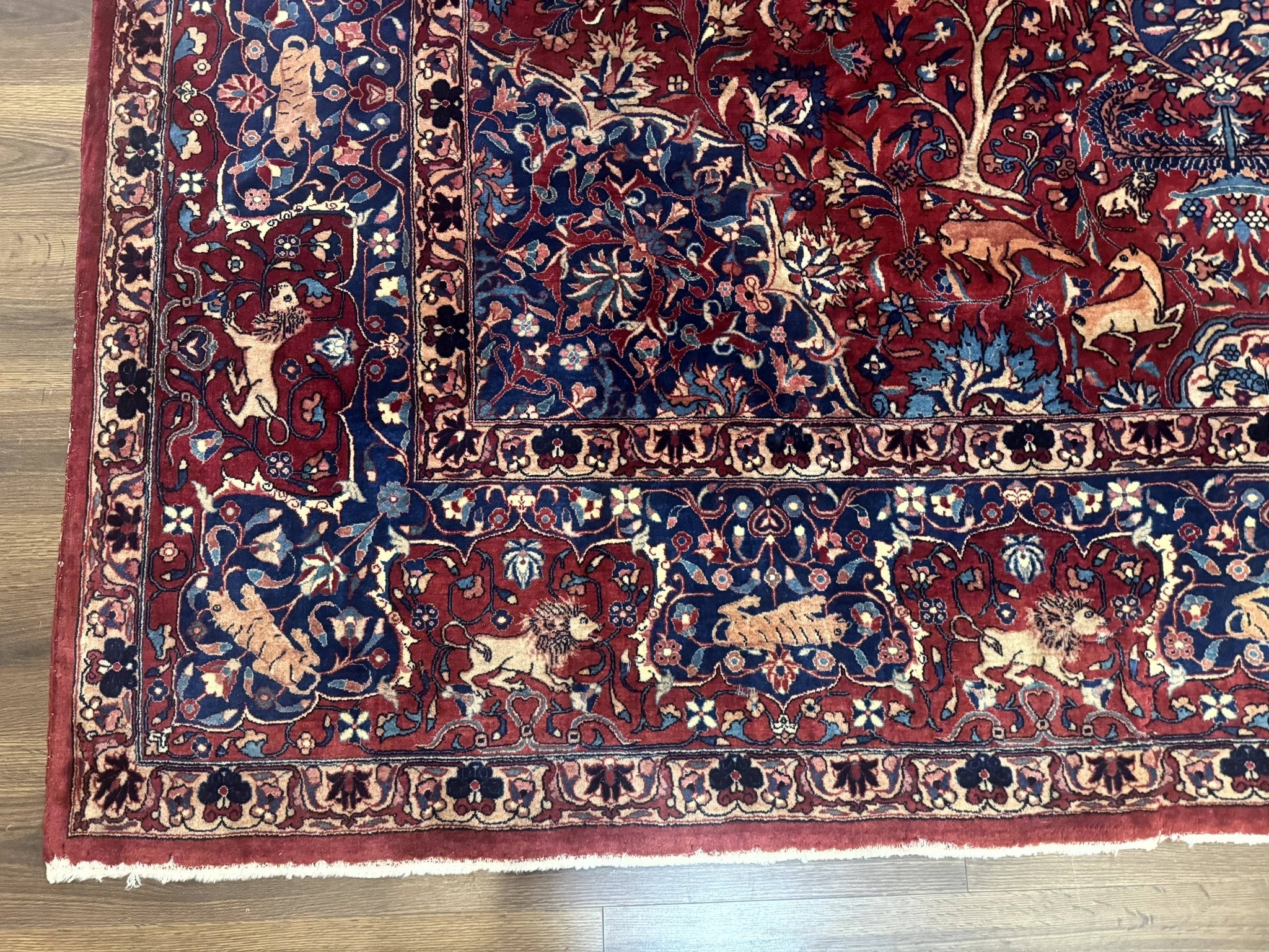 Antique Indo Persian Kerman Rug 9x12 Red Manchester Wool Animal Pictorials, Fine 290 KPSI - Jewel RugsShopify CollectiveHUNTEDFOX - Antique Indo Persian Kerman Rug 9x12 Red Manchester Wool Animal Pictorials, Fine 290 KPSI