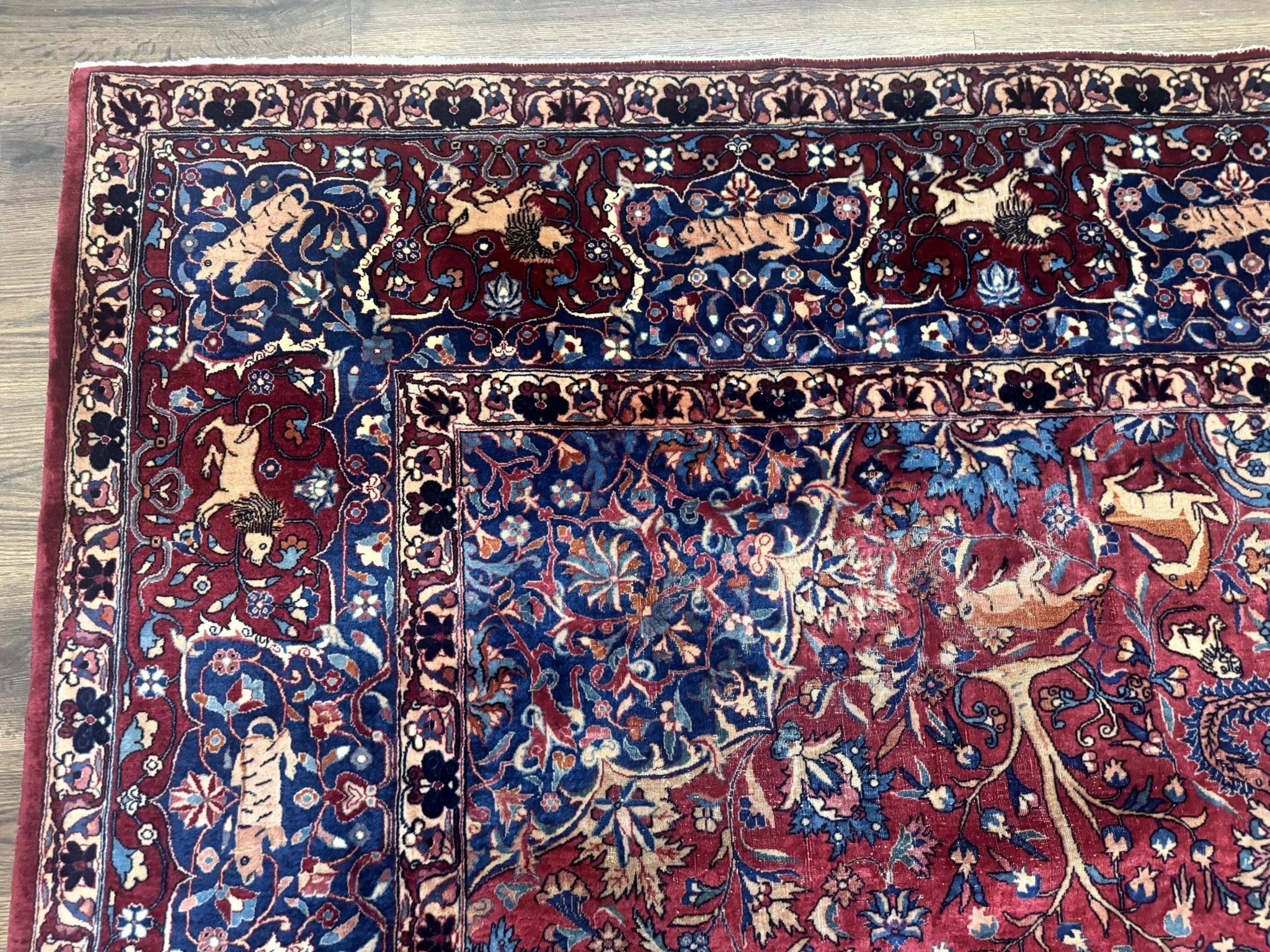 Antique Indo Persian Kerman Rug 9x12 Red Manchester Wool Animal Pictorials, Fine 290 KPSI - Jewel RugsShopify CollectiveHUNTEDFOX - Antique Indo Persian Kerman Rug 9x12 Red Manchester Wool Animal Pictorials, Fine 290 KPSI