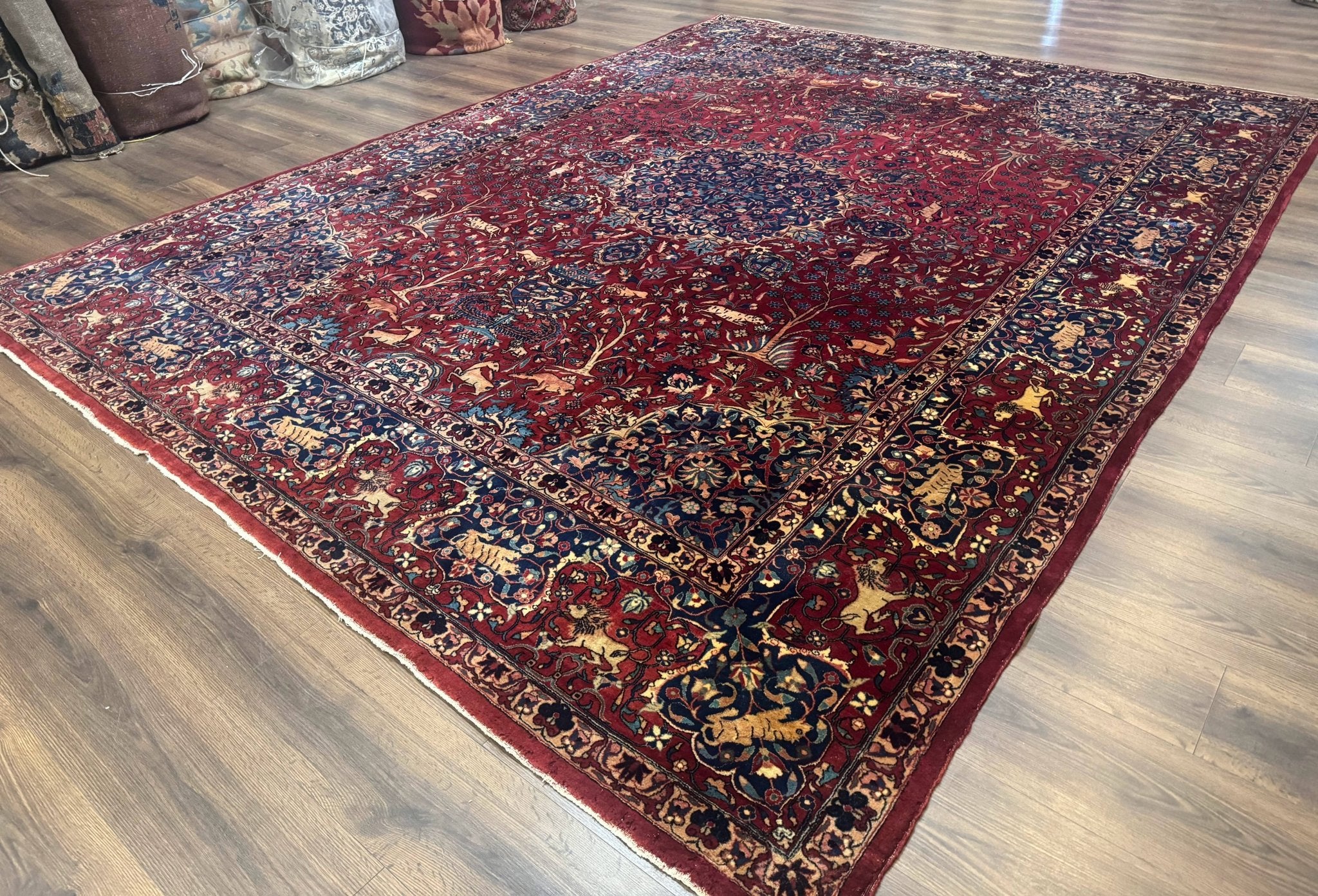 Antique Indo Persian Kerman Rug 9x12 Red Manchester Wool Animal Pictorials, Fine 290 KPSI - Jewel RugsShopify CollectiveHUNTEDFOX - Antique Indo Persian Kerman Rug 9x12 Red Manchester Wool Animal Pictorials, Fine 290 KPSI